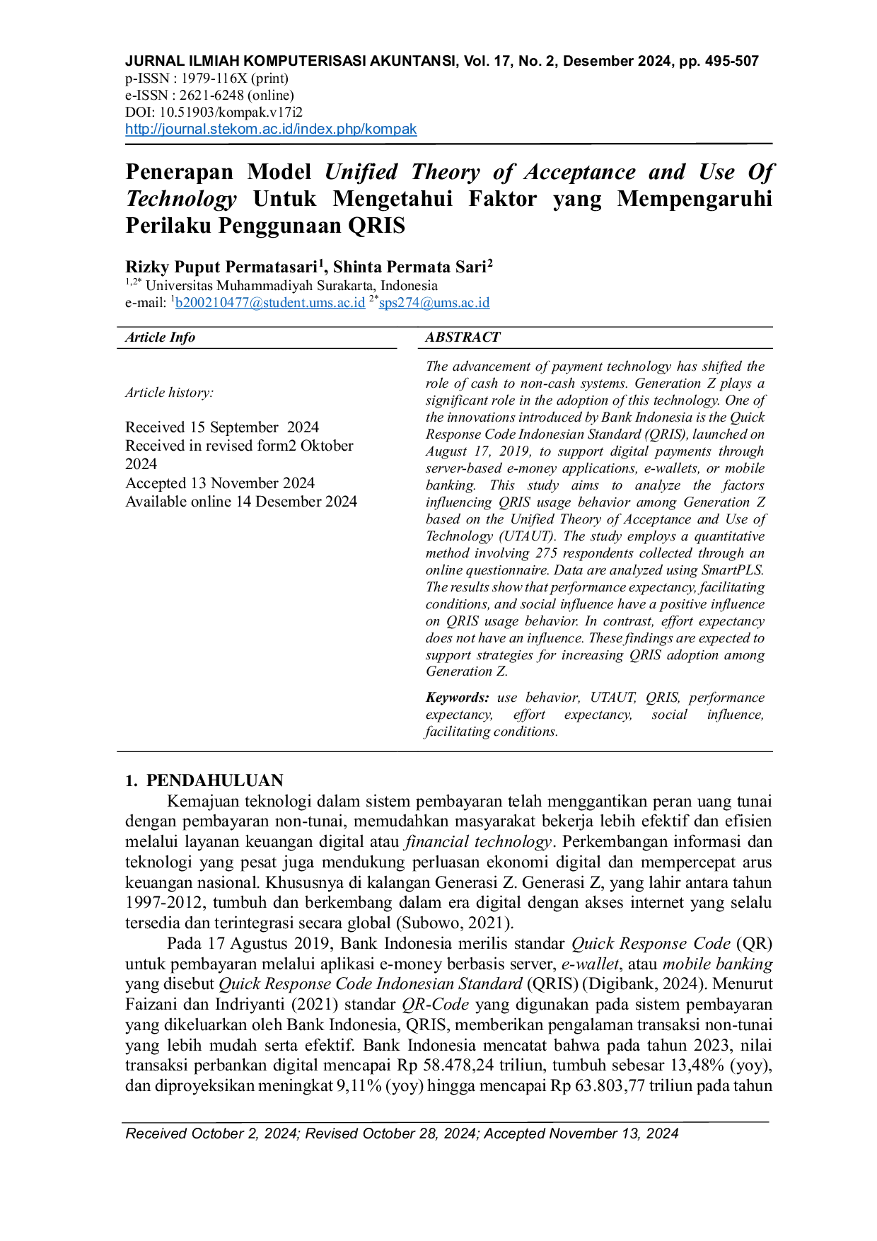 JURIS Penerapan Model Unified Theory of Acceptance and Use Of Technology Untuk Mengetahui Faktor yang Mempengaruhi Perilaku Penggunaan QRIS