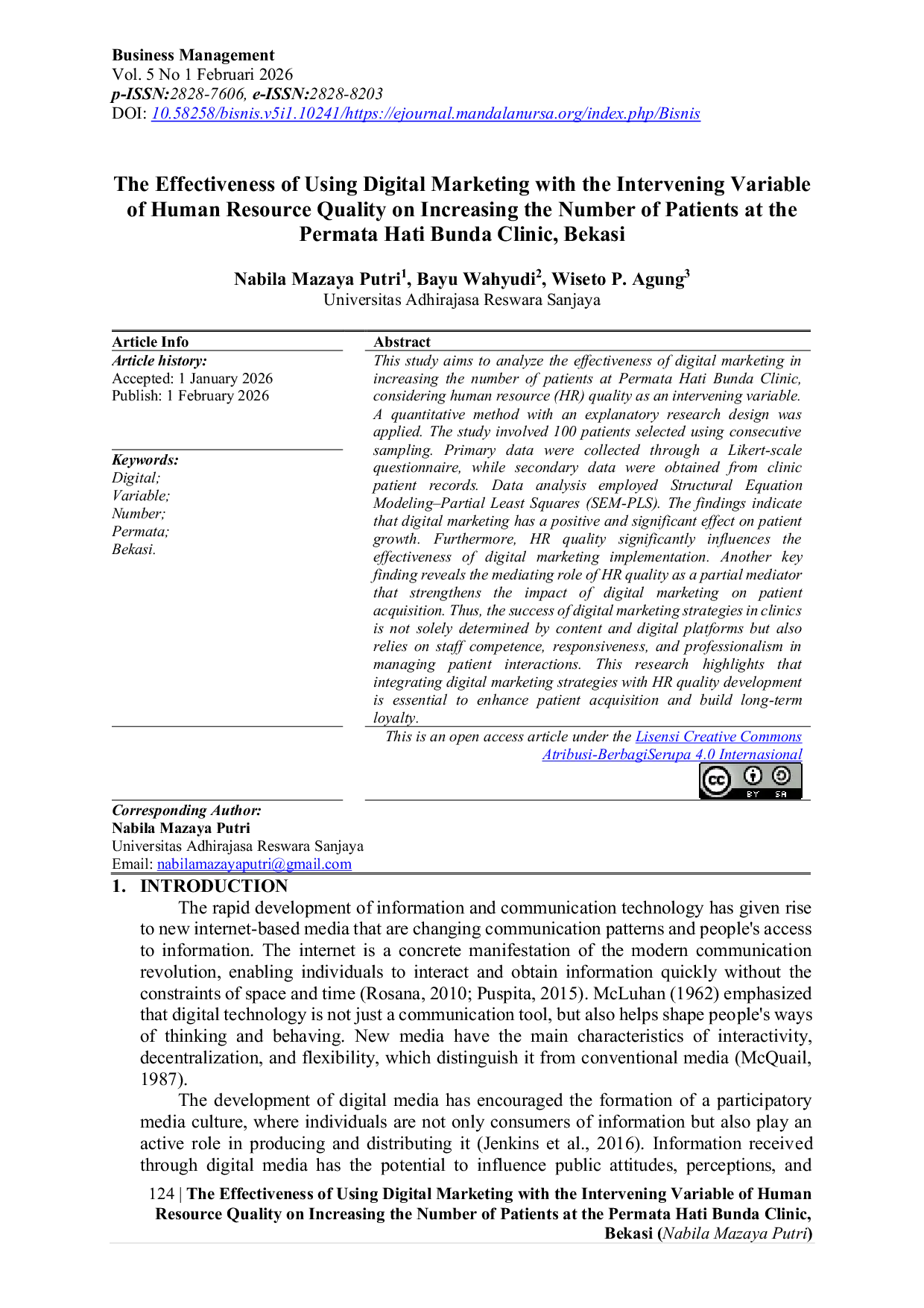JURIS The Effectiveness of Using Digital Marketing with the Intervening Variable of Human Resource Quality on Increasing the Number of Patients at the Permata Hati Bunda Clinic Bekasi
