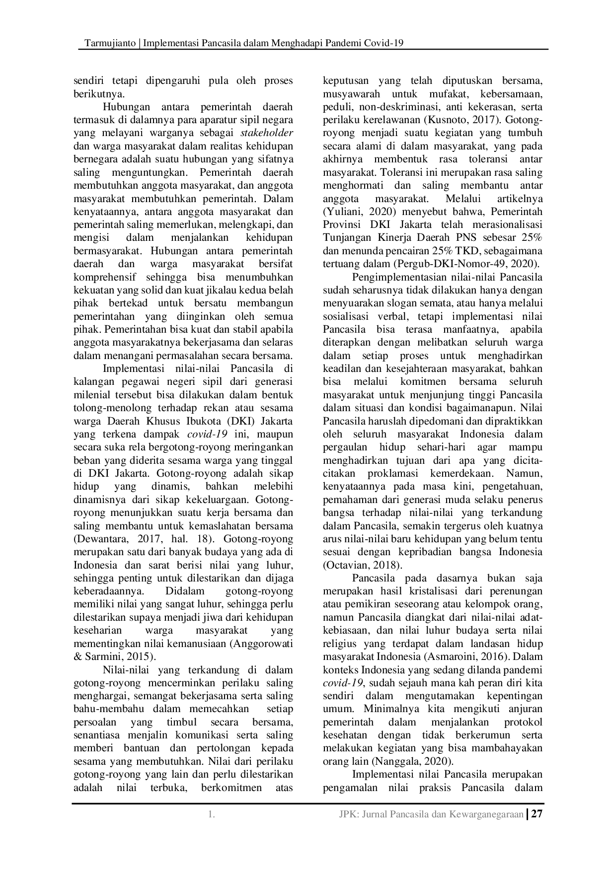 JURIS Implementasi Pancasila di Kalangan PNS Generasi Milenial dalam Menghadapi Pandemi Covid 19