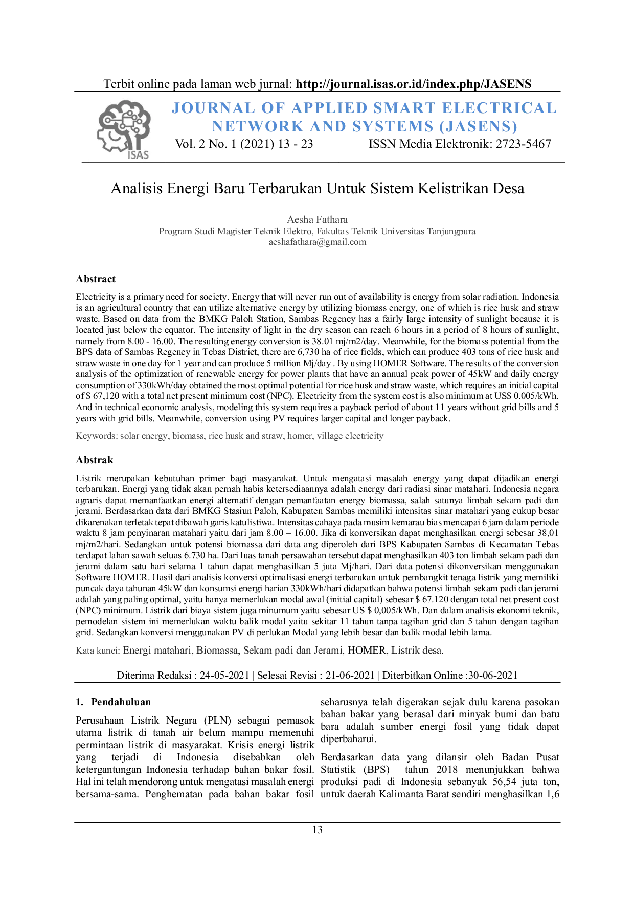 JURIS Analisis Energi Baru Terbarukan Untuk Sistem Kelistrikan Desa