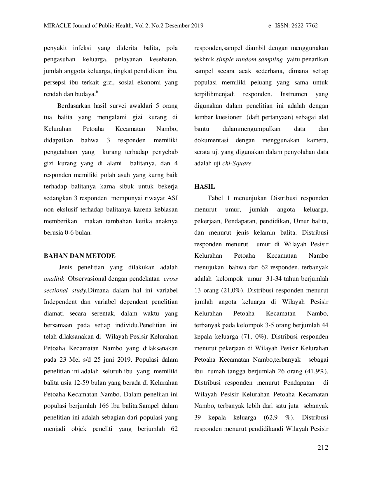 JURIS Analisis Faktor Determinan Kejadian Gizi Kurang Pada Balita Di Wilayah Pesisir Kelurahan Petoaha Kecamatan Nambo