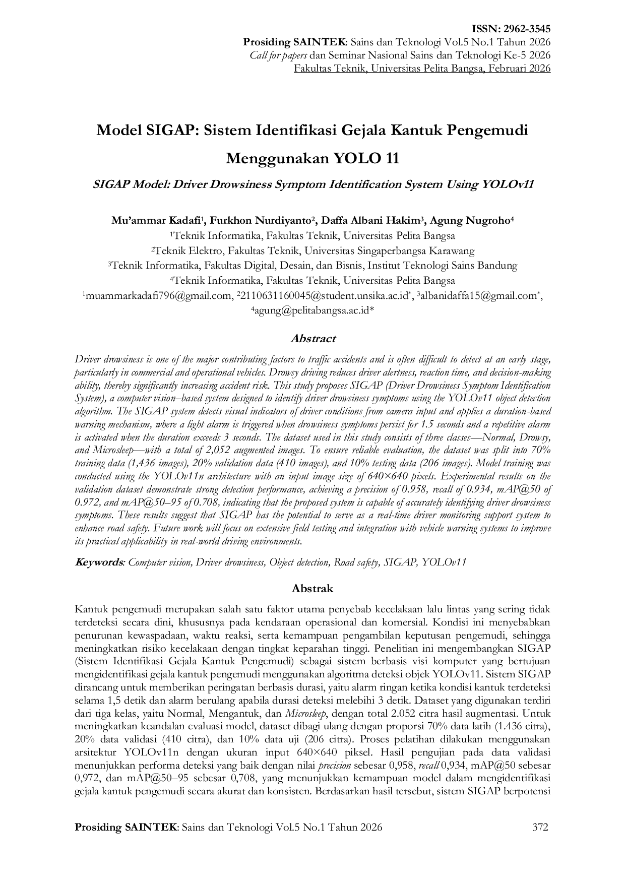 JURIS Model SIGAP Sistem Identifikasi Gejala Kantuk Pengemudi Menggunakan YOLO 11