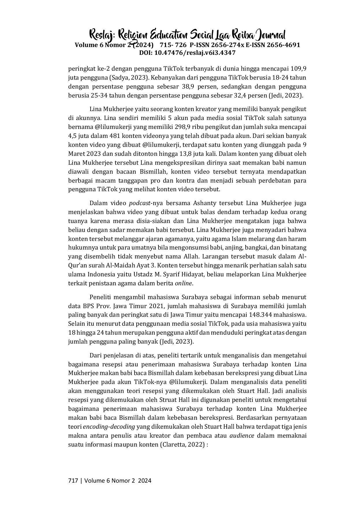 juris Analisis Resepsi Mahasiswa Surabaya terhadap Konten Lina Mukherjee Makan Babi Diawali Bacaan Bismillah pada Akun Tiktok lilumukerji