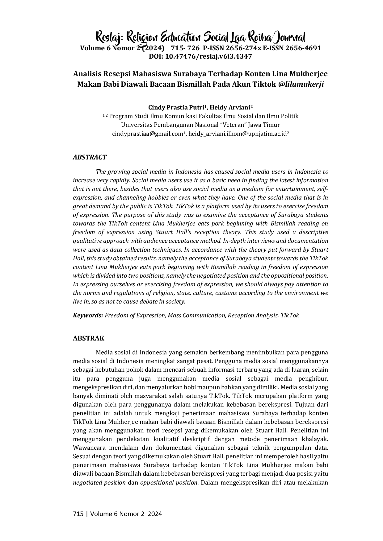 juris Analisis Resepsi Mahasiswa Surabaya terhadap Konten Lina Mukherjee Makan Babi Diawali Bacaan Bismillah pada Akun Tiktok lilumukerji