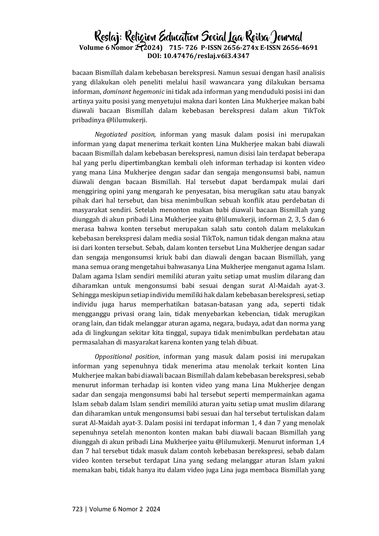 juris Analisis Resepsi Mahasiswa Surabaya terhadap Konten Lina Mukherjee Makan Babi Diawali Bacaan Bismillah pada Akun Tiktok lilumukerji