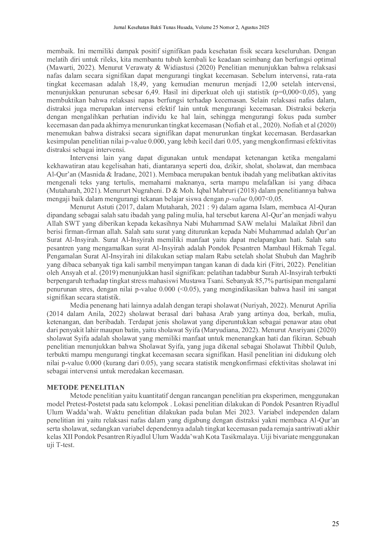 JURIS Pengaruh Relaksasi Nafas Dalam Dan Distraksi Dengan Membaca Al Qur an Serta Shalawat Terhadap Tingkat Kecemasan Pada Santriwati Kelas Xii Di Pondok Pesantren Riyadlul Ulum Wadda wah Kota Tasikmalaya