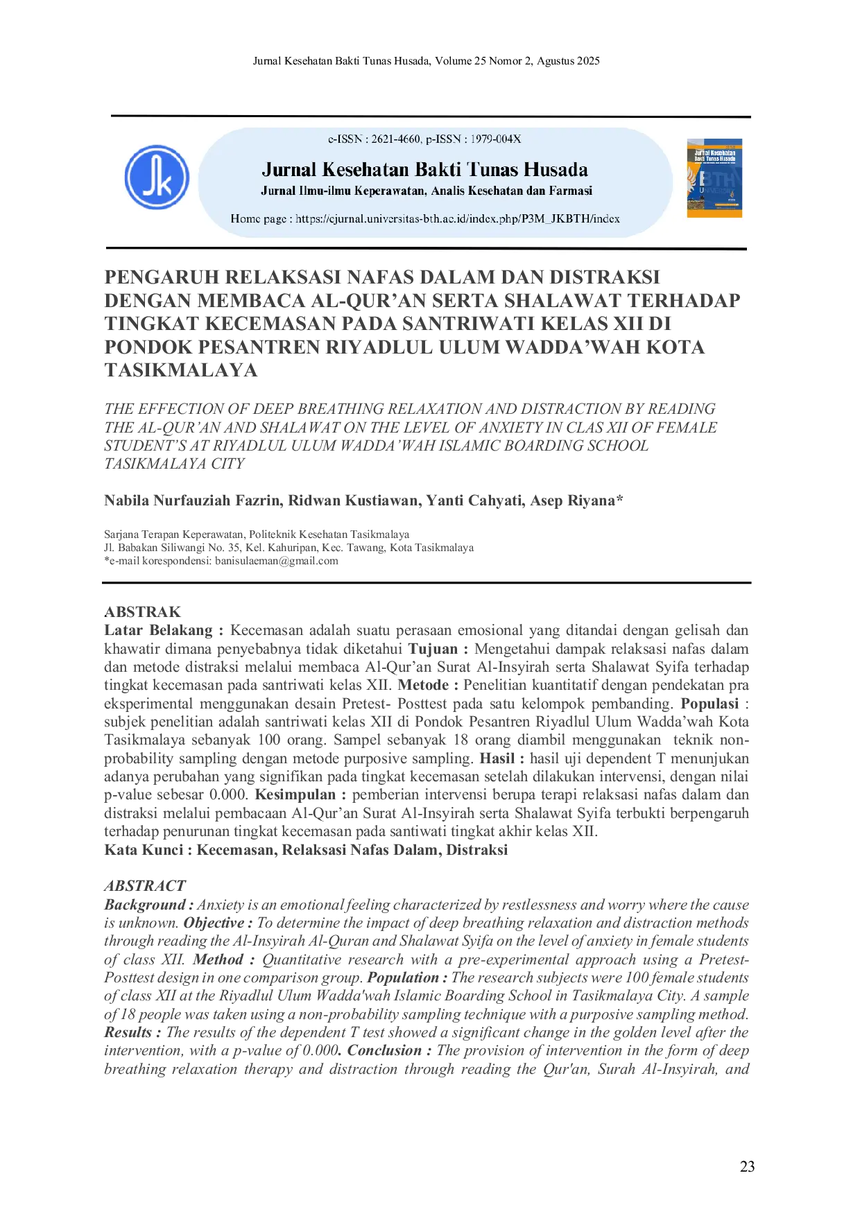 JURIS Pengaruh Relaksasi Nafas Dalam Dan Distraksi Dengan Membaca Al Qur an Serta Shalawat Terhadap Tingkat Kecemasan Pada Santriwati Kelas Xii Di Pondok Pesantren Riyadlul Ulum Wadda wah Kota Tasikmalaya