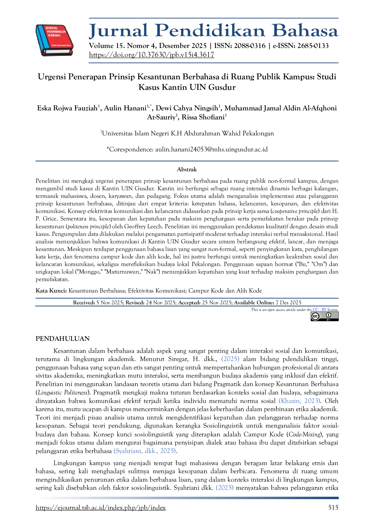 JURIS Urgensi Penerapan Prinsip Kesantunan Berbahasa di Ruang Publik Kampus Studi Kasus Kantin UIN Gusdur
