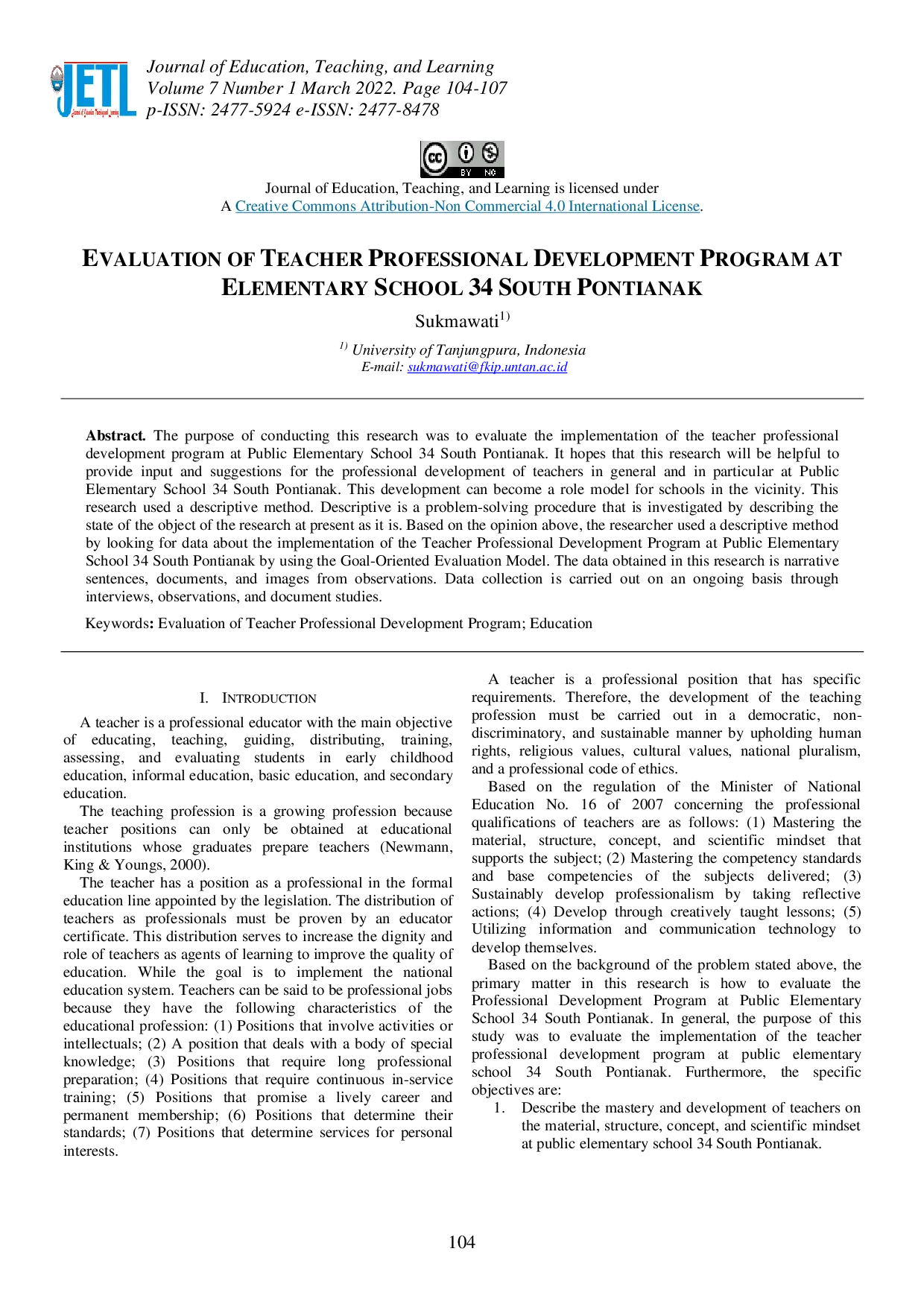 juris Evaluation of Teacher Professional Development Program at Elementary School 34 South Pontianak