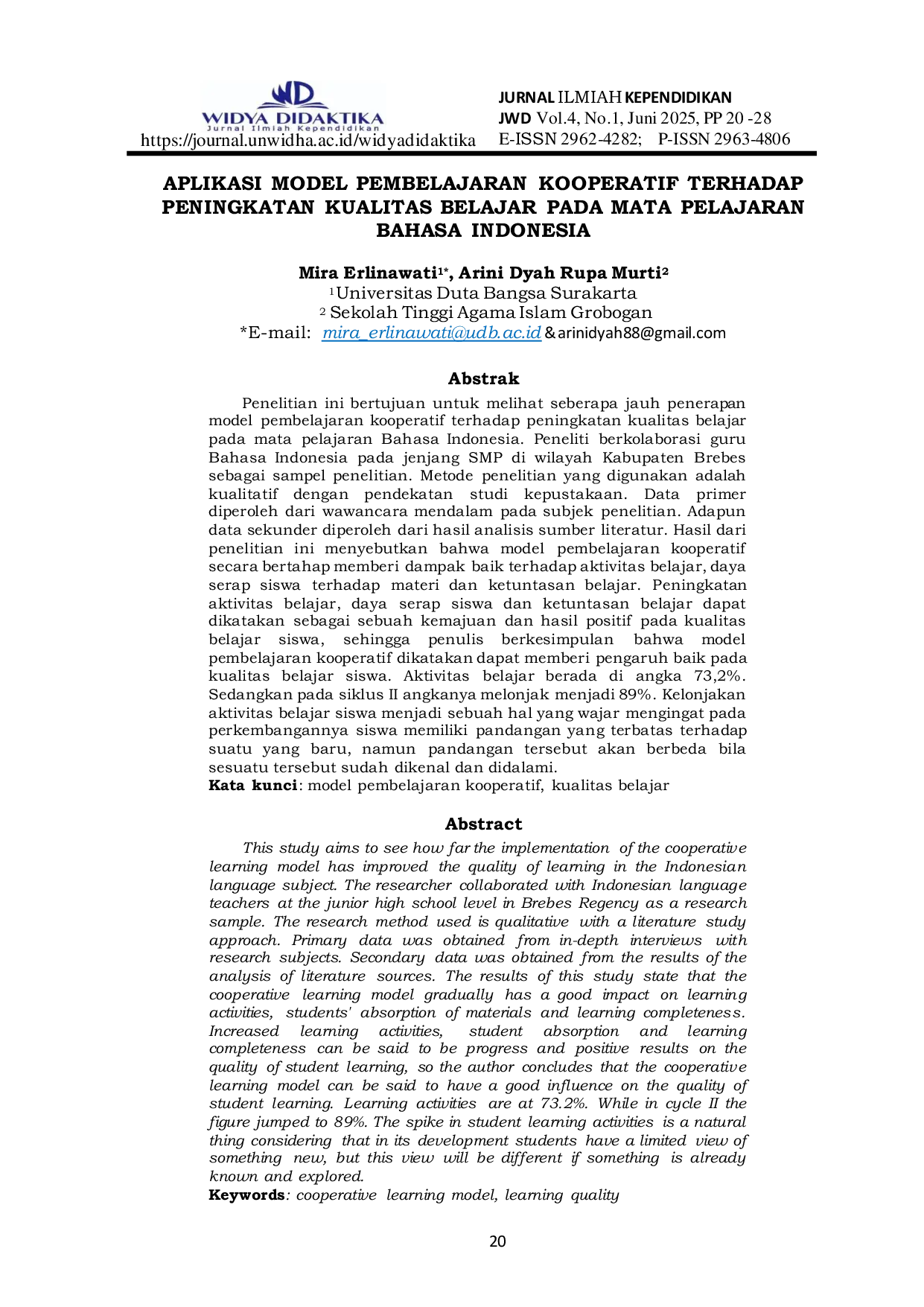 JURIS Aplikasi Model Pembelajaran Kooperatif Terhadap Peningkatan Kualitas Belajar Pada Mata Pelajaran Bahasa Indonesia