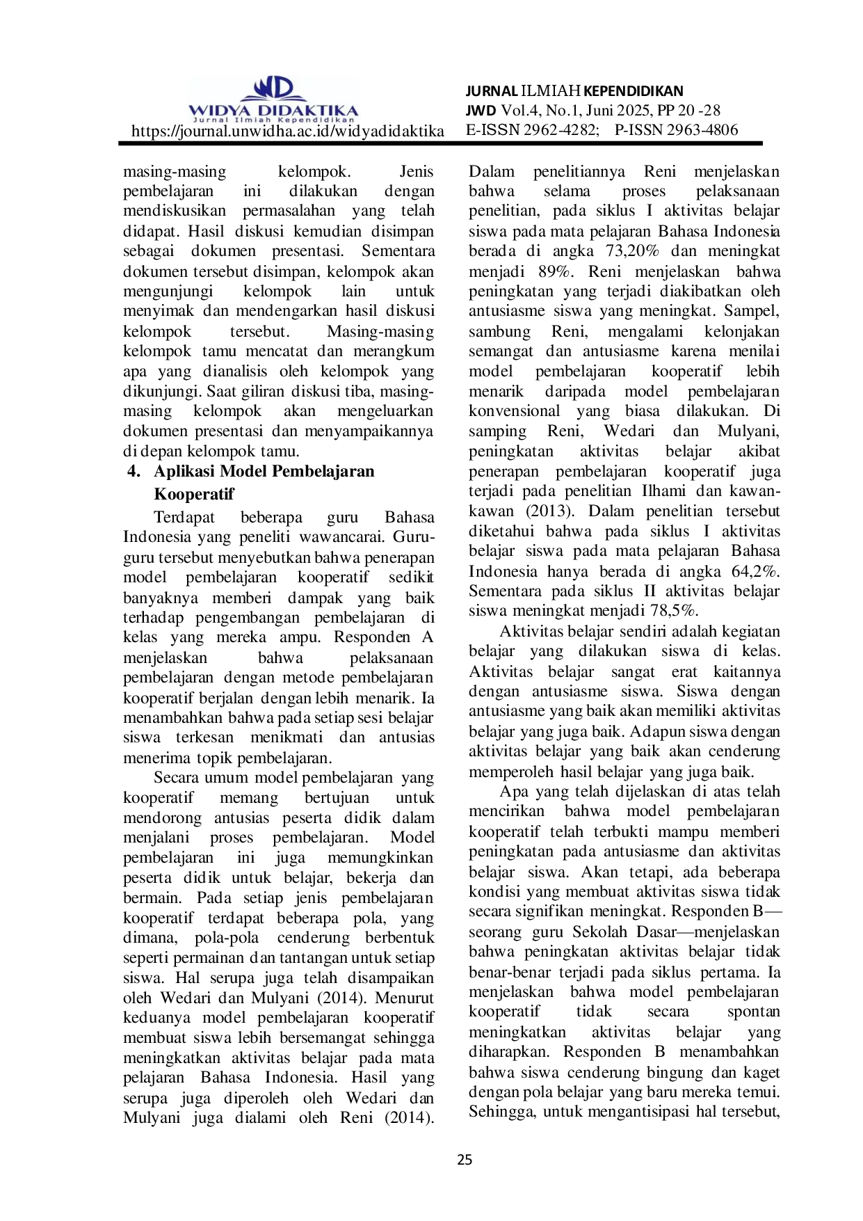 JURIS Aplikasi Model Pembelajaran Kooperatif Terhadap Peningkatan Kualitas Belajar Pada Mata Pelajaran Bahasa Indonesia