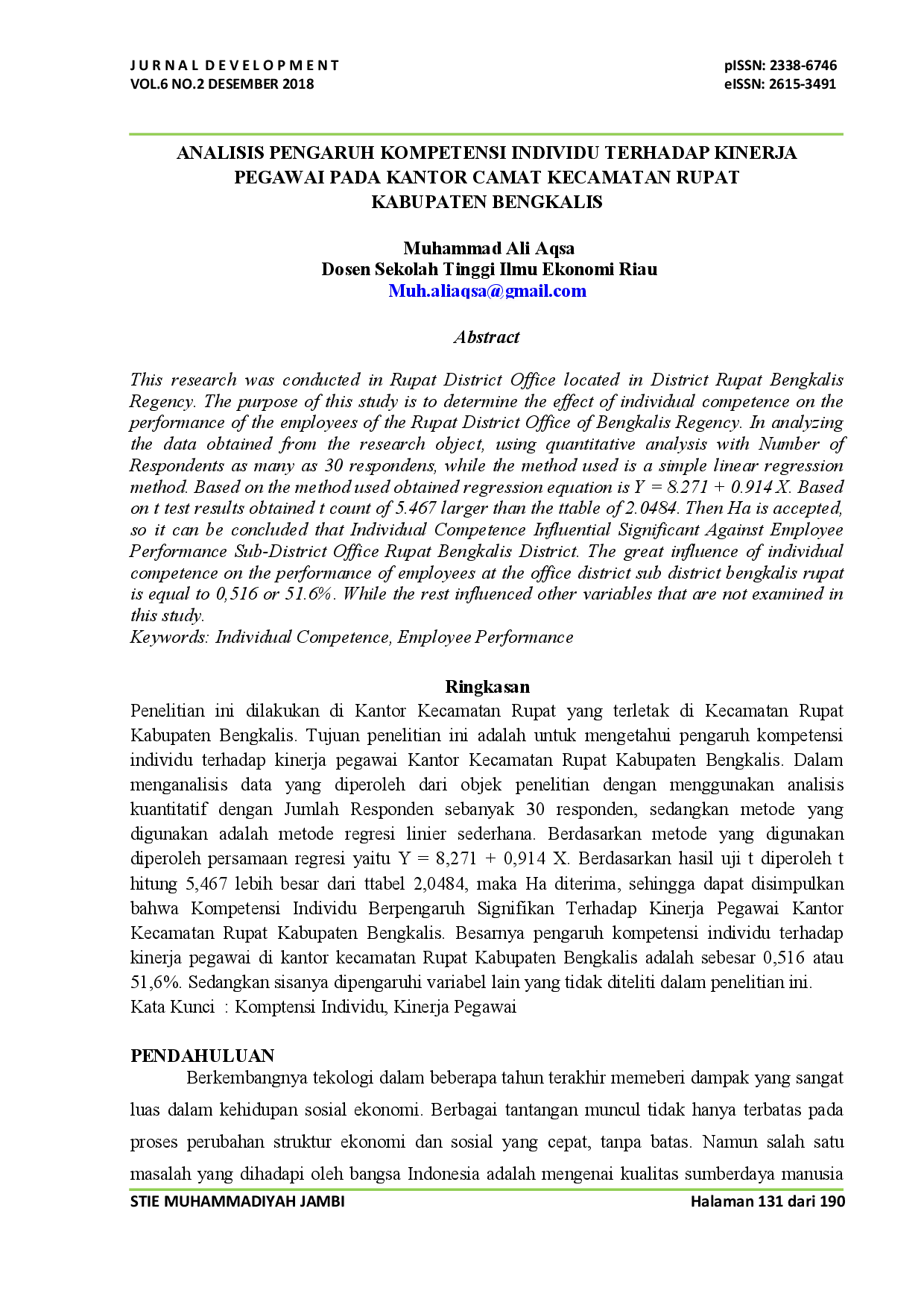 juris Analisis Pengaruh Kompetensi Individu Terhadap Kinerja Pegawai Pada Kantor Camat Kecamatan Rupat Kabupaten Bengkalis