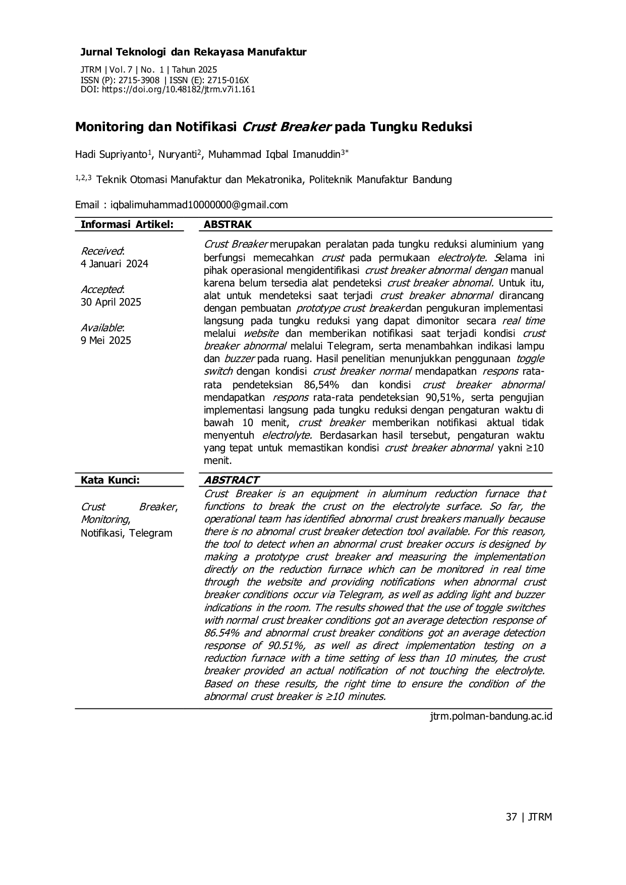 JURIS Monitoring dan Notifikasi Crust Breaker pada Tungku Reduksi