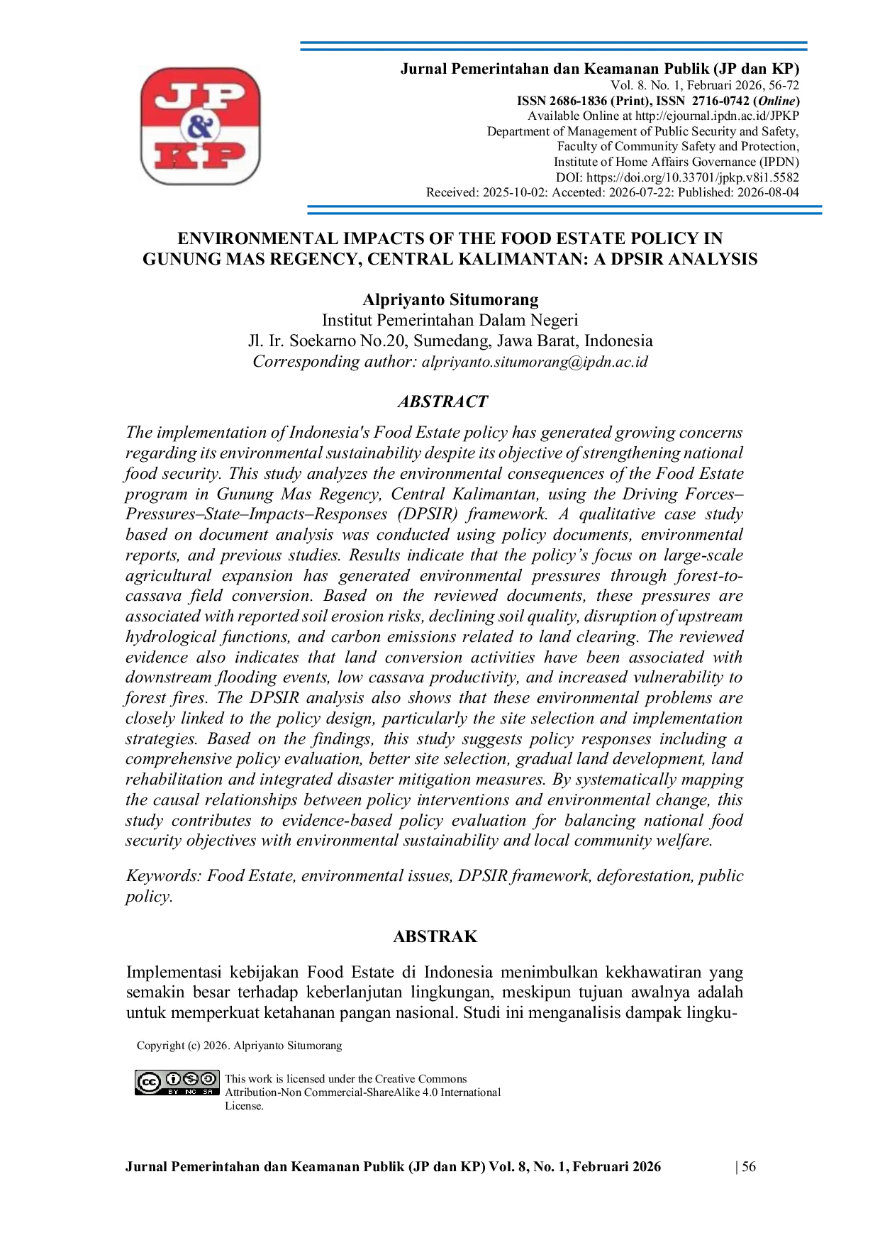 JURIS Environmental Impacts of the Food Estate Policy in Gunung Mas Regency Central Kalimantan A DPSIR Analysis