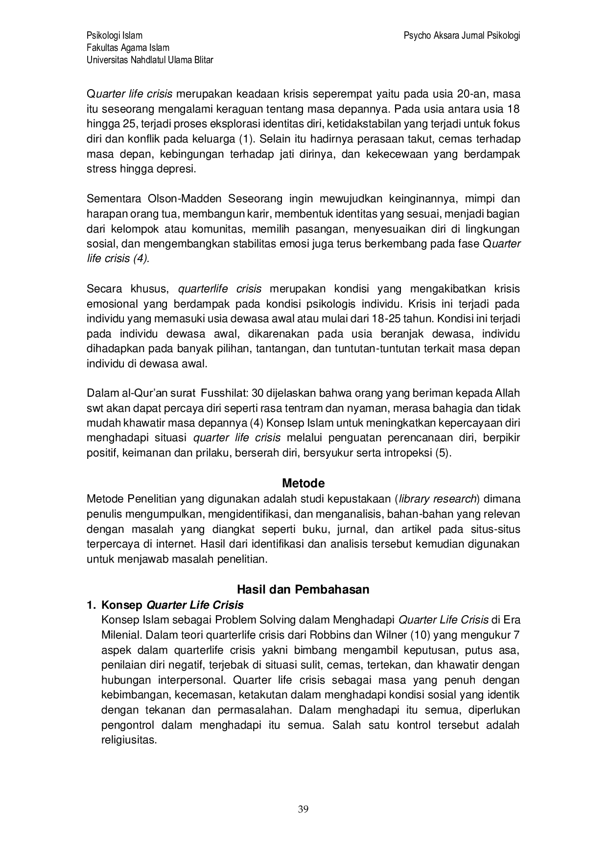 JURIS Konsep Islam sebagai Problem Solving dalam Menghadapi Quarter Life Crisis di Era Milenial