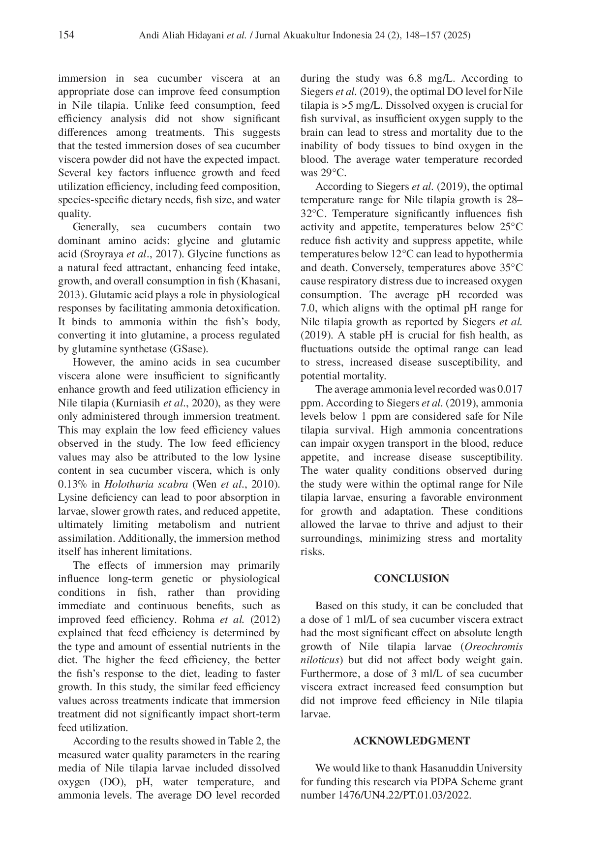 JURIS The effectiveness of immersed in extract viscera of sea cucumber Holothuria sp on growth consumption level and feed efficiency in tilapia larvae Oreochromis niloticus