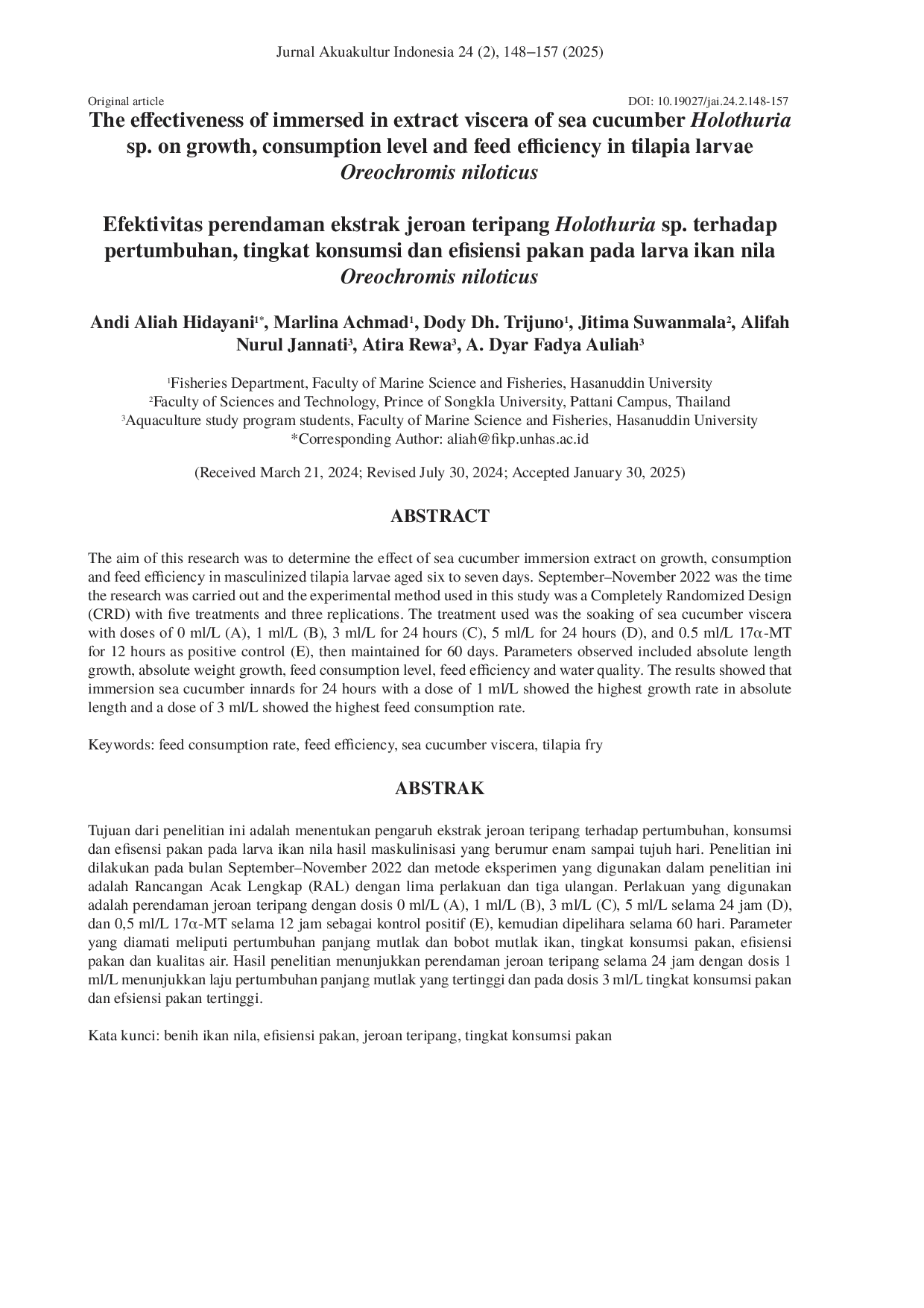 JURIS The effectiveness of immersed in extract viscera of sea cucumber Holothuria sp on growth consumption level and feed efficiency in tilapia larvae Oreochromis niloticus