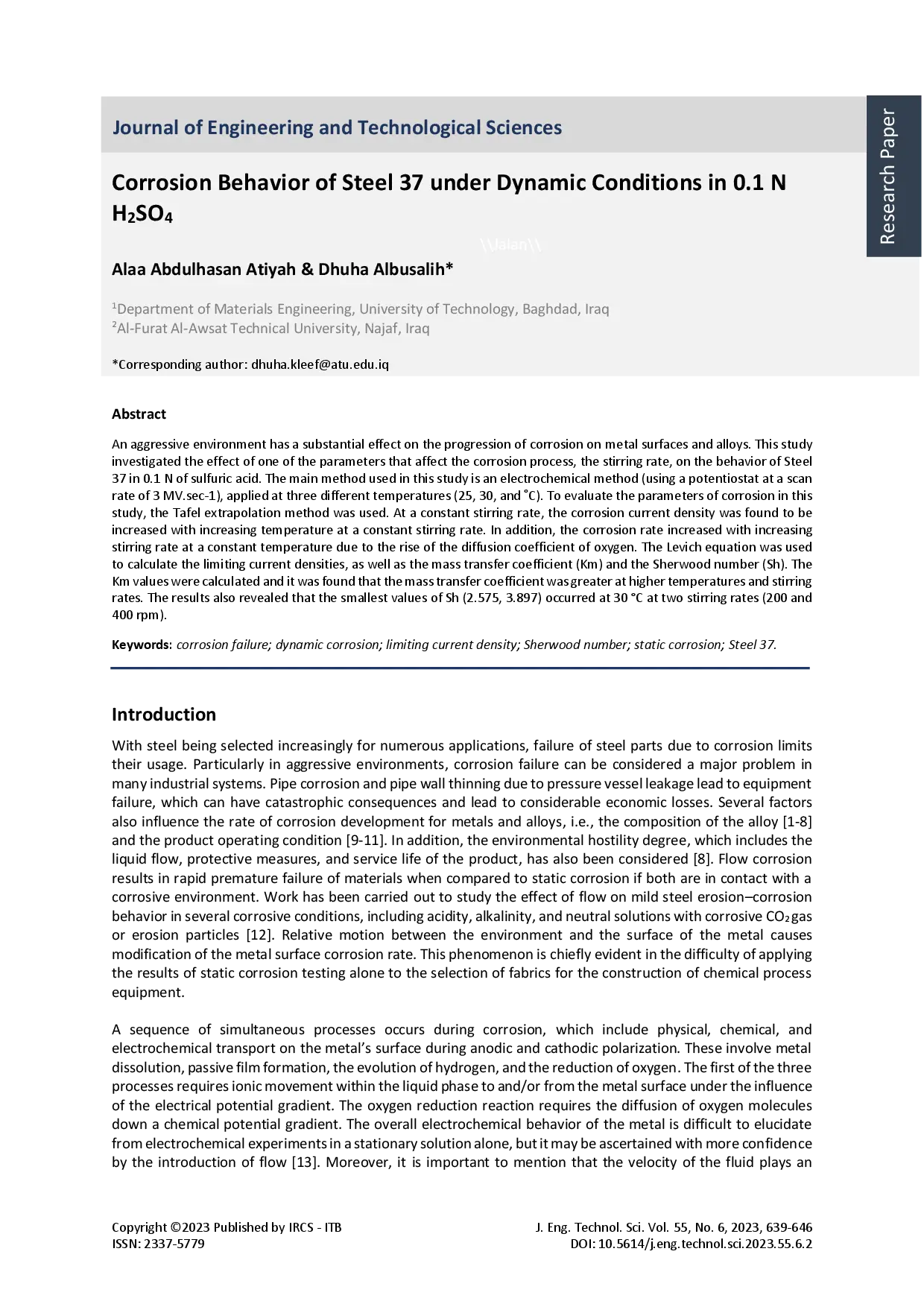 juris Corrosion Behavior of Steel 37 under Dynamic Conditions in 0 1 N H2SO4