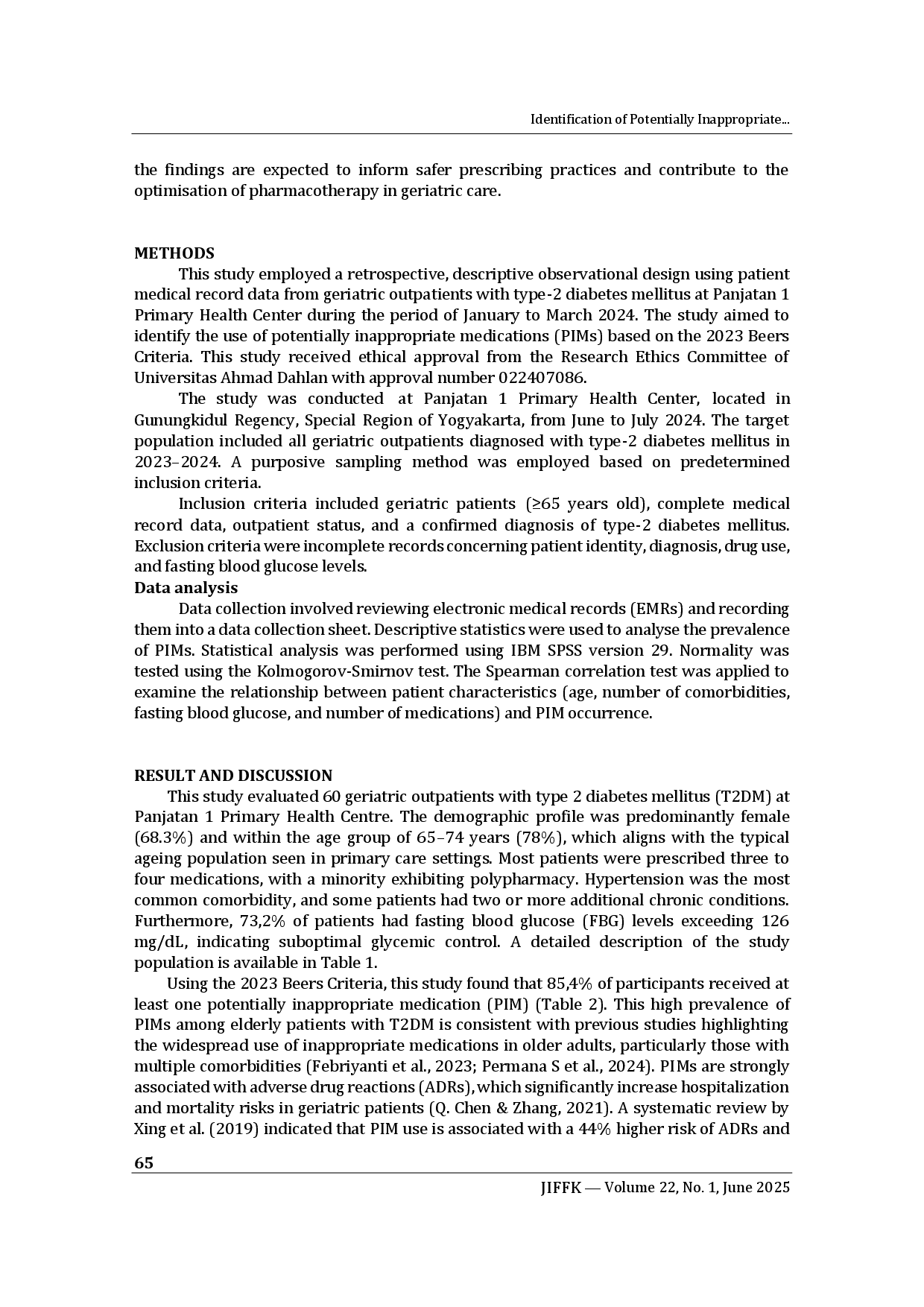 juris Identification of Potentially Inappropriate Medications PIMs Based on Beers 2023 in Geriatric Type 2 Diabetes Outpatients