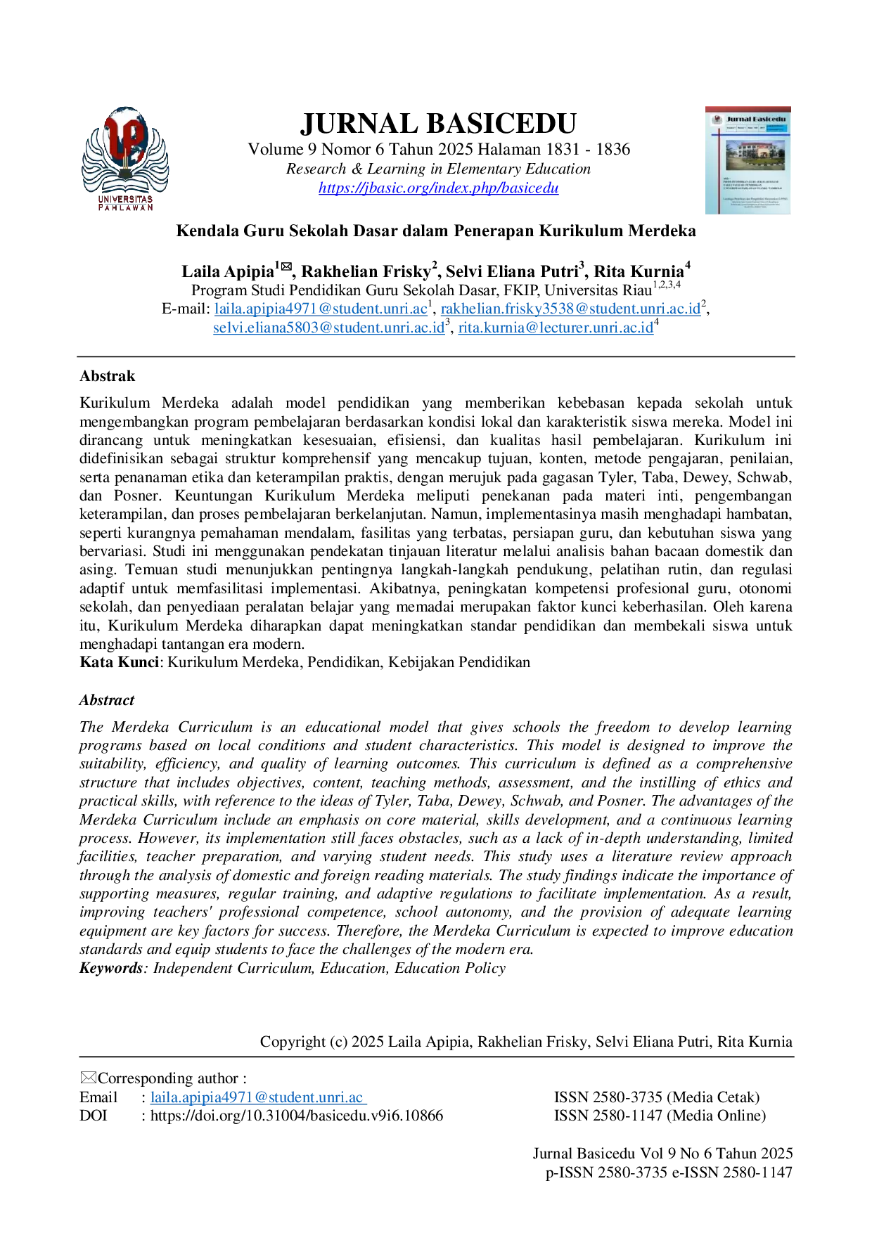 JURIS Kendala Guru Sekolah Dasar dalam Penerapan Kurikulum Merdeka
