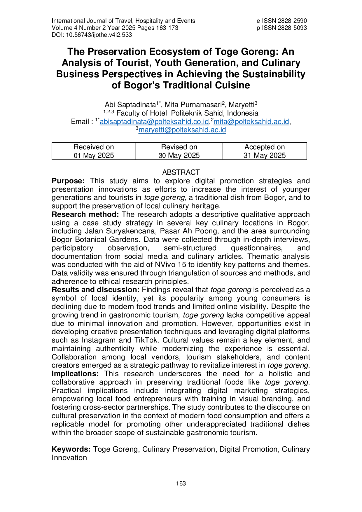 JURIS The Preservation Ecosystem of Toge Goreng An Analysis of Tourist Youth Generation and Culinary Business Perspectives in Achieving the Sustainability of Bogor s Traditional Cuisine