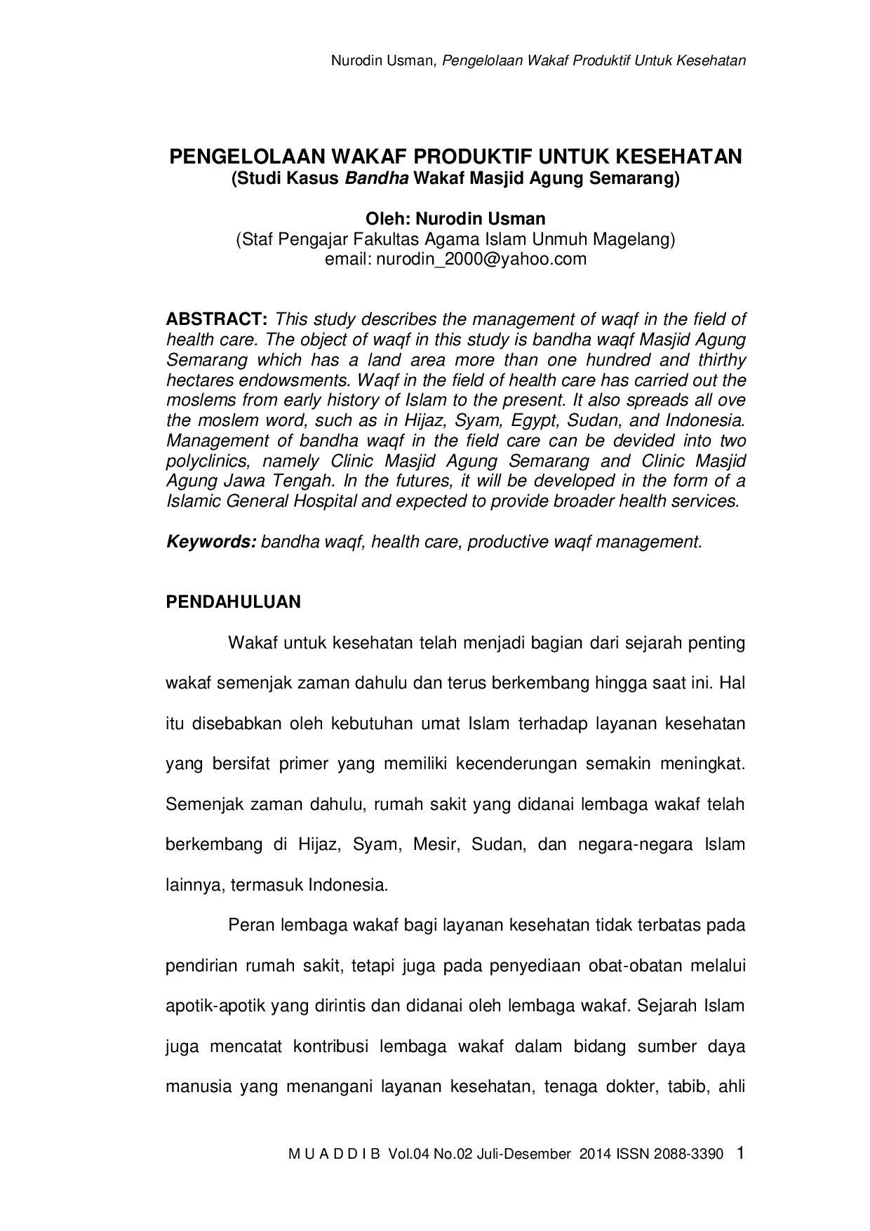 JURIS PENGELOLAAN WAKAF PRODUKTIF UNTUK KESEHATAN Studi Kasus Bandha Wakaf Masjid Agung Semarang