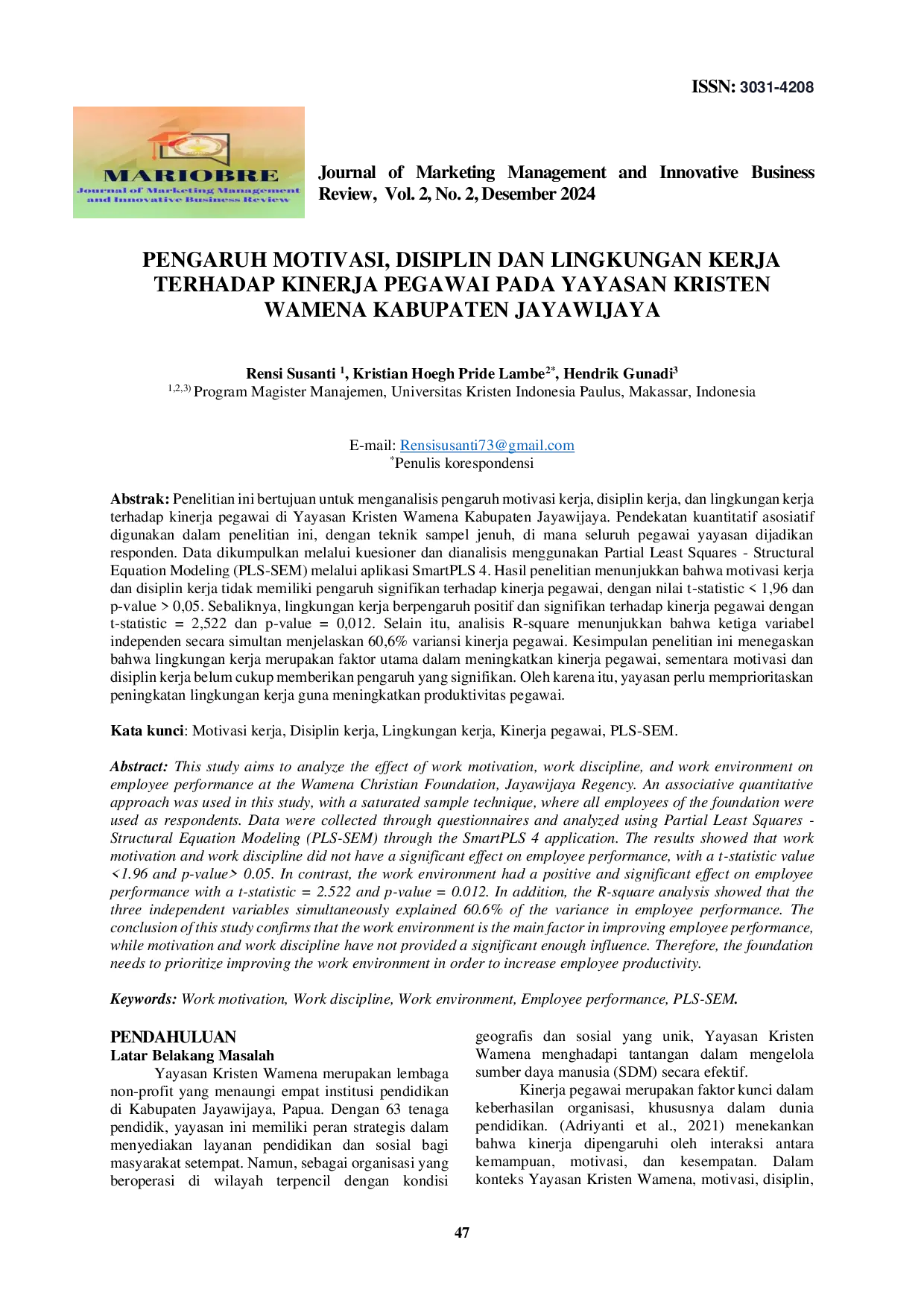 JURIS Pengaruh Motivasi Disiplin dan Lingkungan Kerja terhadap Kinerja Pegawai pada Yayasan Kristen Wamena Kabupaten Jayawijaya
