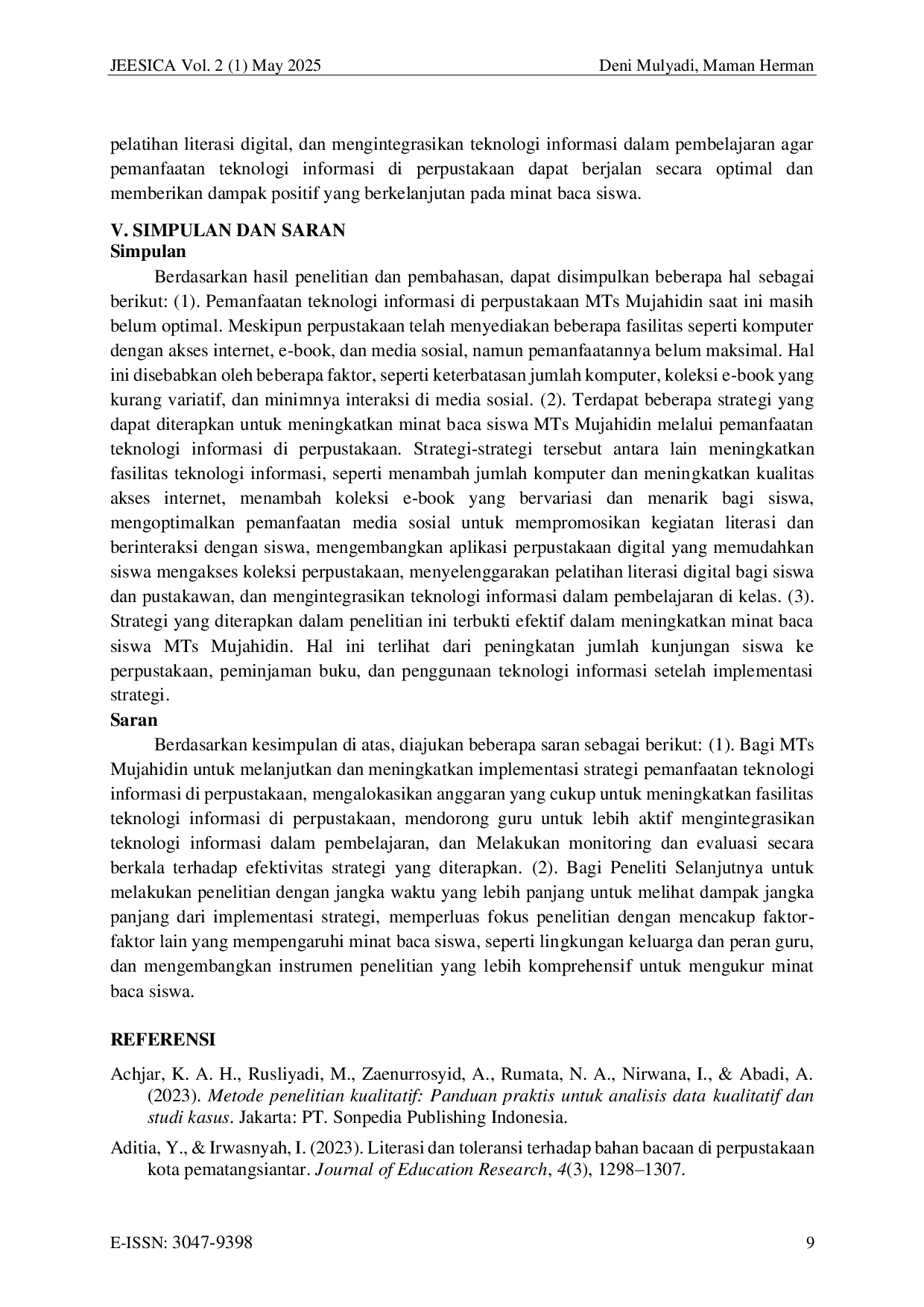 JURIS Strategi Peningkatan Minat Baca Siswa MTs Mujahidin Melalui Pemanfaatan Teknologi Informasi di Perpustakaan