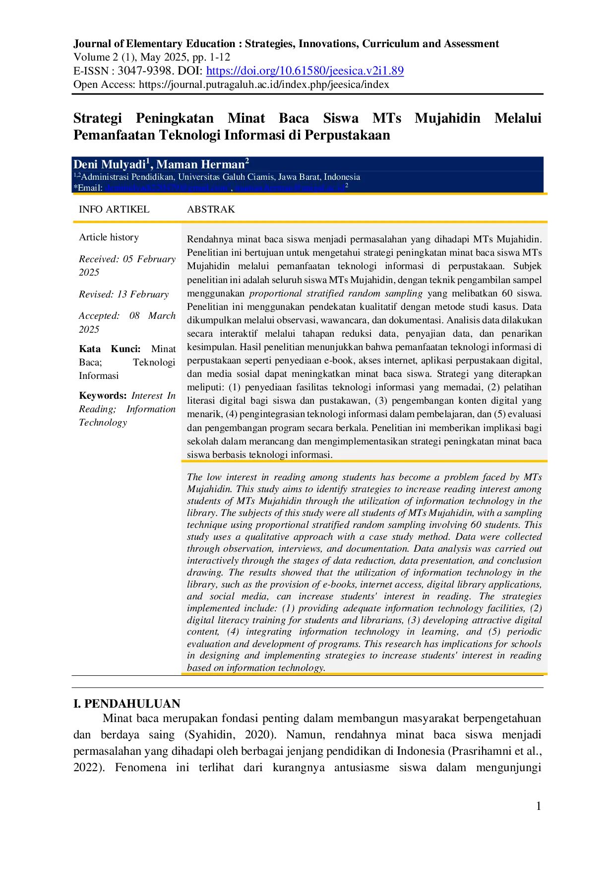 JURIS Strategi Peningkatan Minat Baca Siswa MTs Mujahidin Melalui Pemanfaatan Teknologi Informasi di Perpustakaan
