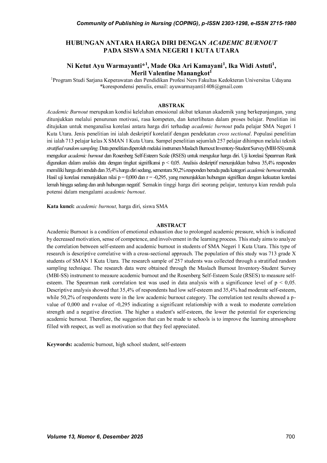 JURIS Hubungan Antara Harga Diri Dengan Academic Burnout Pada Siswa SMA Negeri 1 Kuta Utara