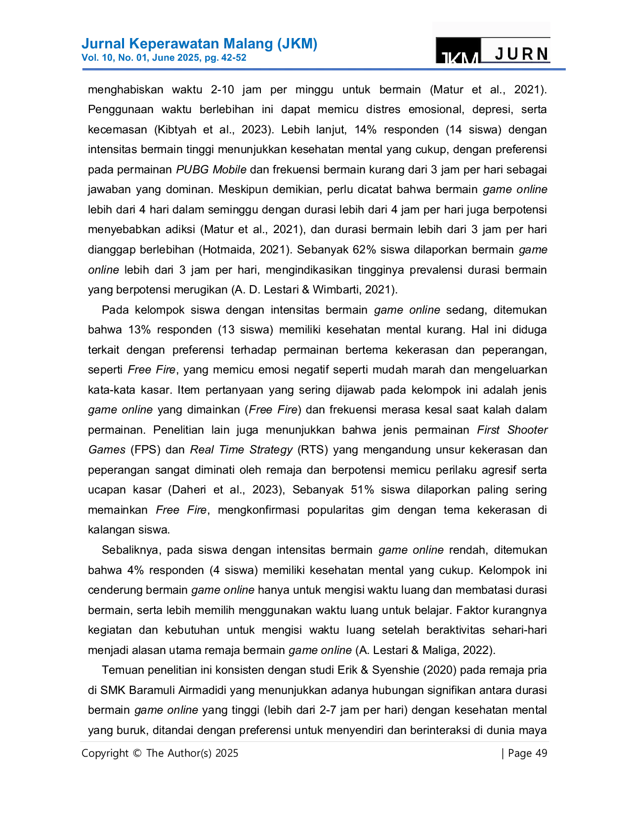 JURIS Hubungan Bermain Game Online Dengan Kesehatan Mental Siswa Di Sekolah Menengah Kejuruan Peristek