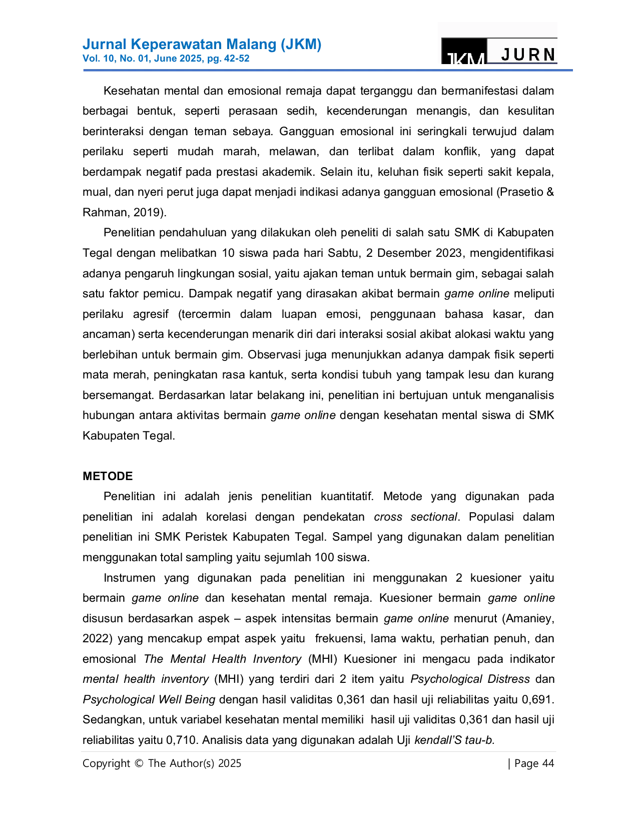 JURIS Hubungan Bermain Game Online Dengan Kesehatan Mental Siswa Di Sekolah Menengah Kejuruan Peristek