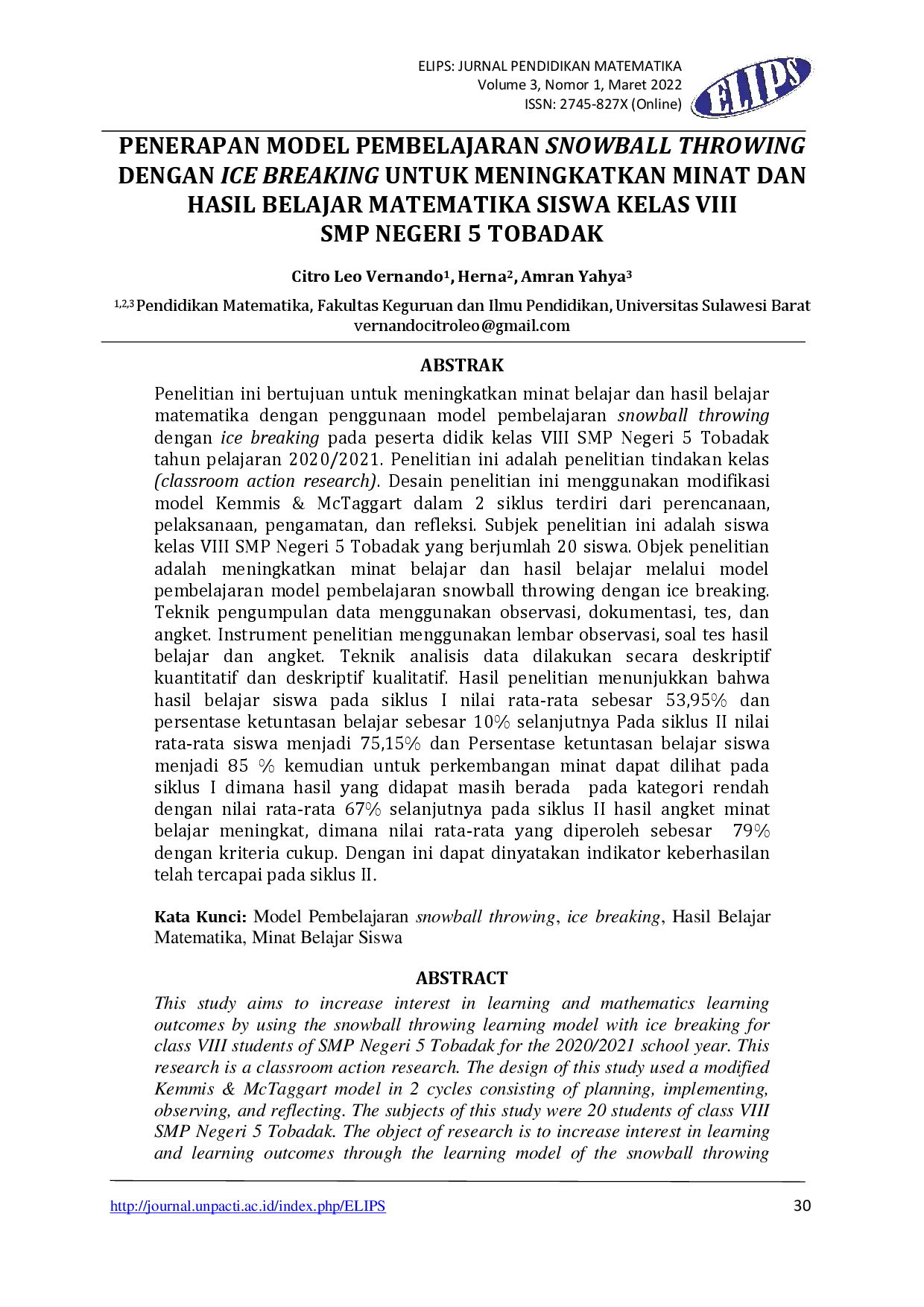 juris Penerapan Model Pembelajaran Snowball Throwing Dengan Ice Breaking Untuk Meningkatkan Minat Dan Hasil Belajar Matematika Siswa Kelas VIII SMP Negeri 5 Tobadak