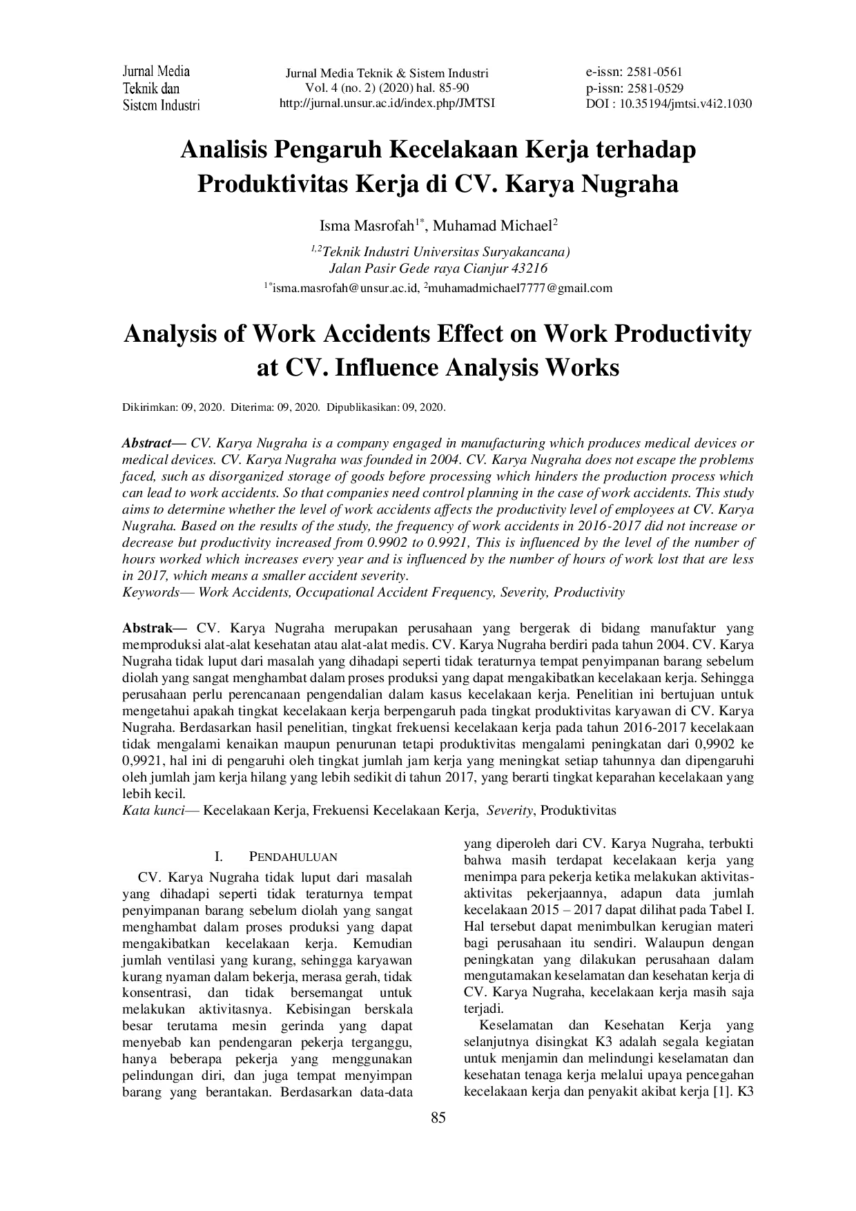 JURIS Analisis Pengaruh Kecelakaan Kerja terhadap Produktivitas Kerja di CV Karya Nugraha