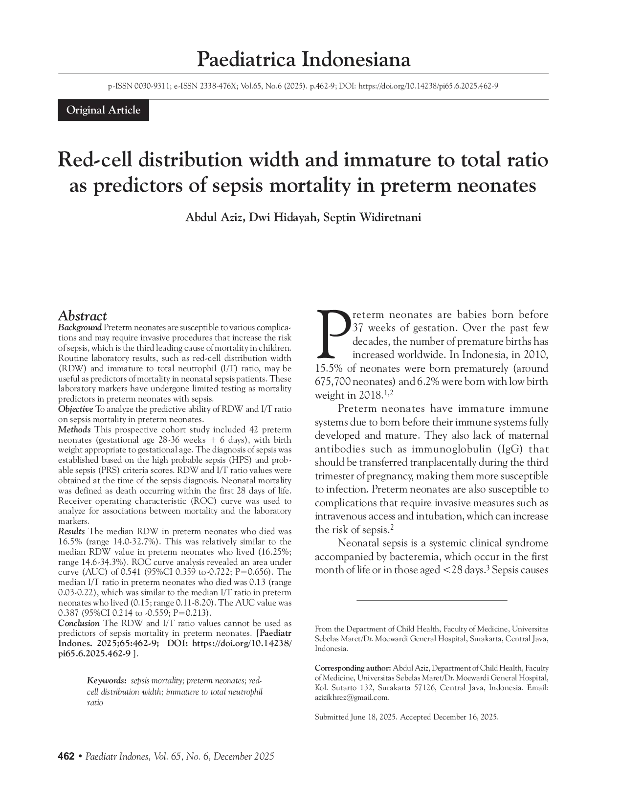 JURIS Red cell distribution width and immature to total ratio as predictors of sepsis mortality in preterm neonates