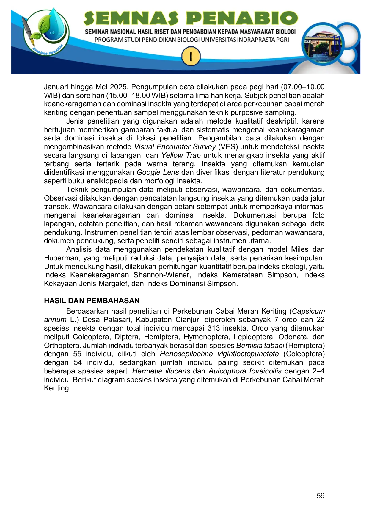 JURIS Keanekaragaman dan Dominasi Insekta di Perkebunan Cabai Merah Keriting Capsicum annum L Desa Palasari Kabupaten Cianjur