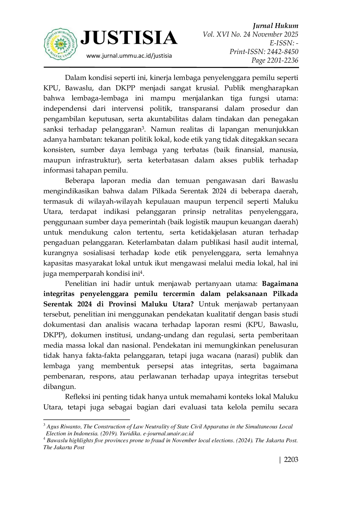 JURIS Integritas Pemilu dalam Demokrasi Lokal Analisis Wacana atas Pilkada Serentak 2024 di Maluku Utara