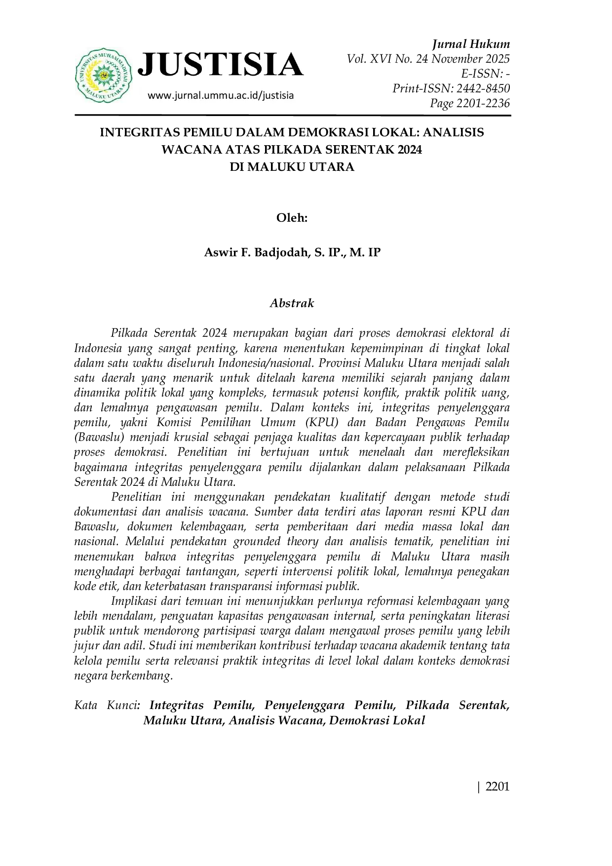 JURIS Integritas Pemilu dalam Demokrasi Lokal Analisis Wacana atas Pilkada Serentak 2024 di Maluku Utara