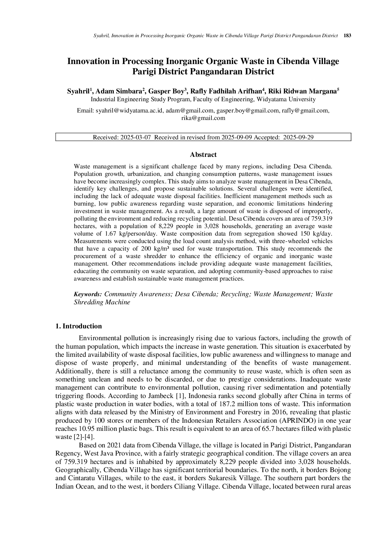 JURIS Innovation in Processing Inorganic Organic Waste in Cibenda Village Parigi District Pangandaran District