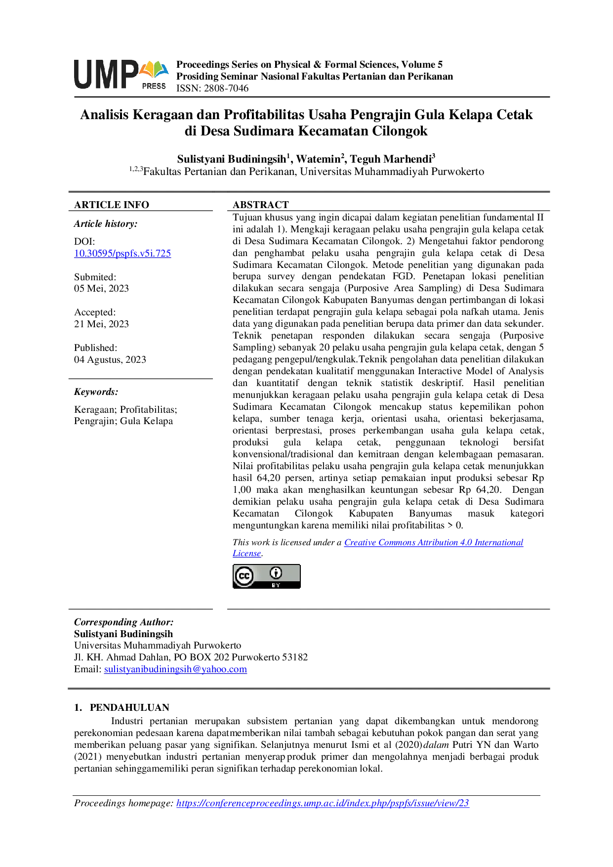 JURIS Analisis Keragaan dan Profitabilitas Usaha Pengrajin Gula Kelapa Cetak di Desa Sudimara Kecamatan Cilongok