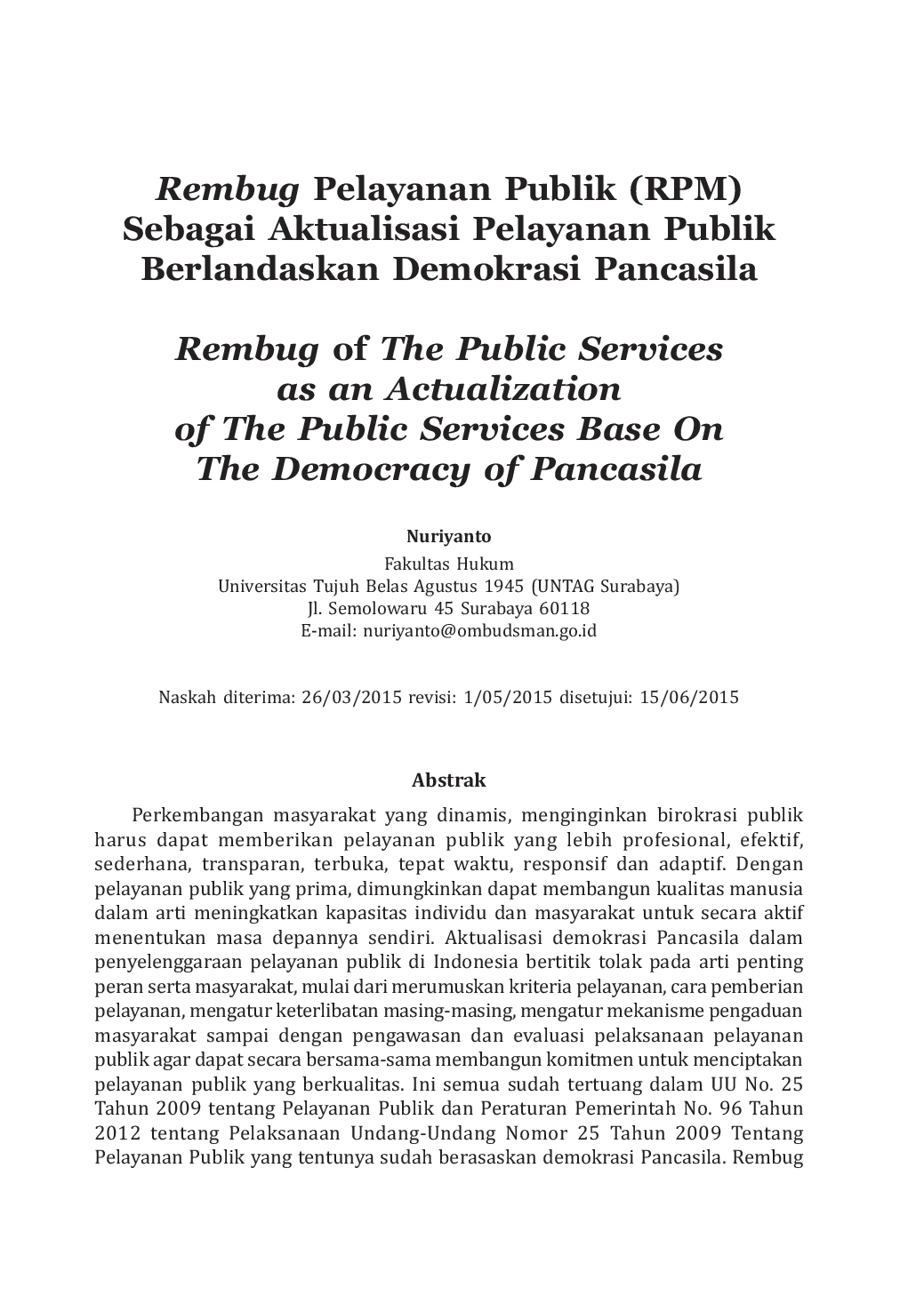 JURIS Rembug Pelayanan Publik RPM Sebagai Aktualisasi Pelayanan Publik Berlandaskan Demokrasi Pancasila