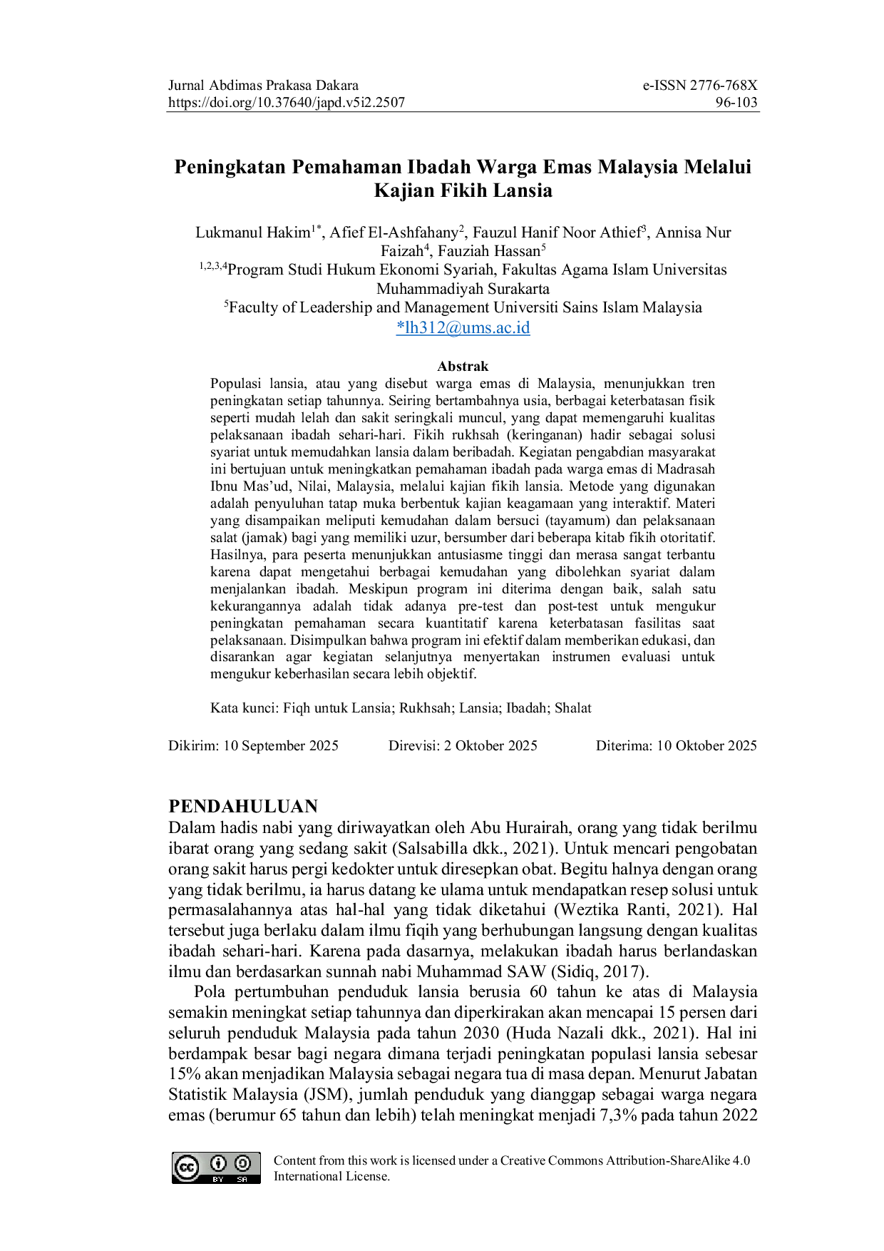 JURIS Peningkatan Pemahaman Ibadah Warga Emas Malaysia Melalui Kajian Fikih Lansia