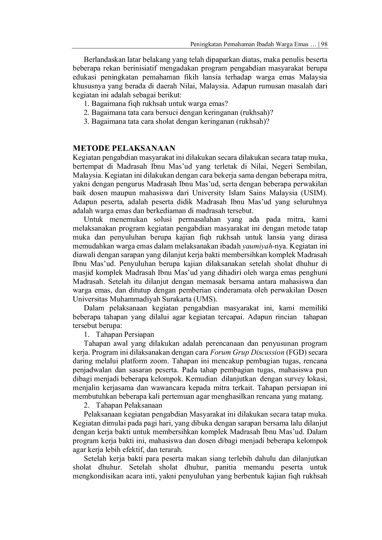 JURIS Peningkatan Pemahaman Ibadah Warga Emas Malaysia Melalui Kajian Fikih Lansia