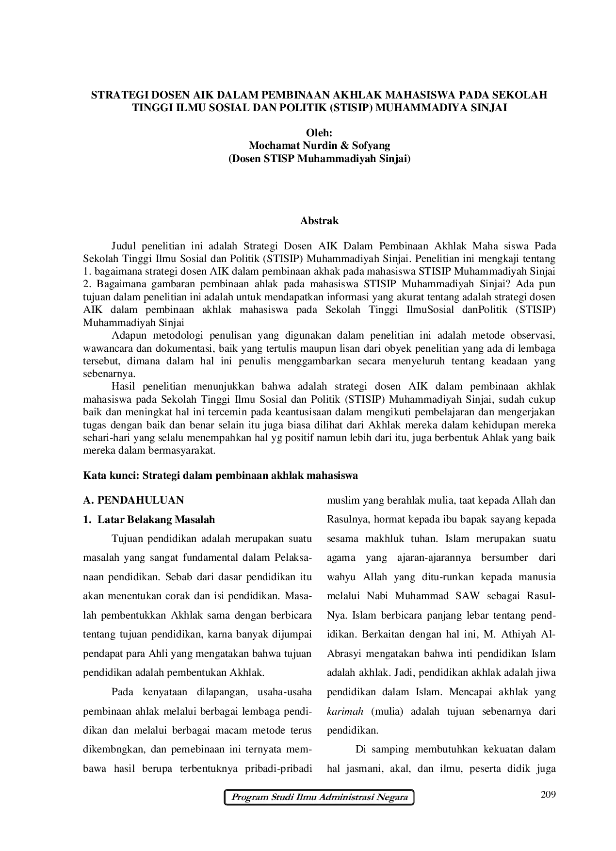 JURIS Strategi Dosen Aik Dalam Pembinaan Akhlak Mahasiswa Pada Sekolah Tinggi Ilmu Sosial Dan Politik Stisip Muhammadiya Sinjai