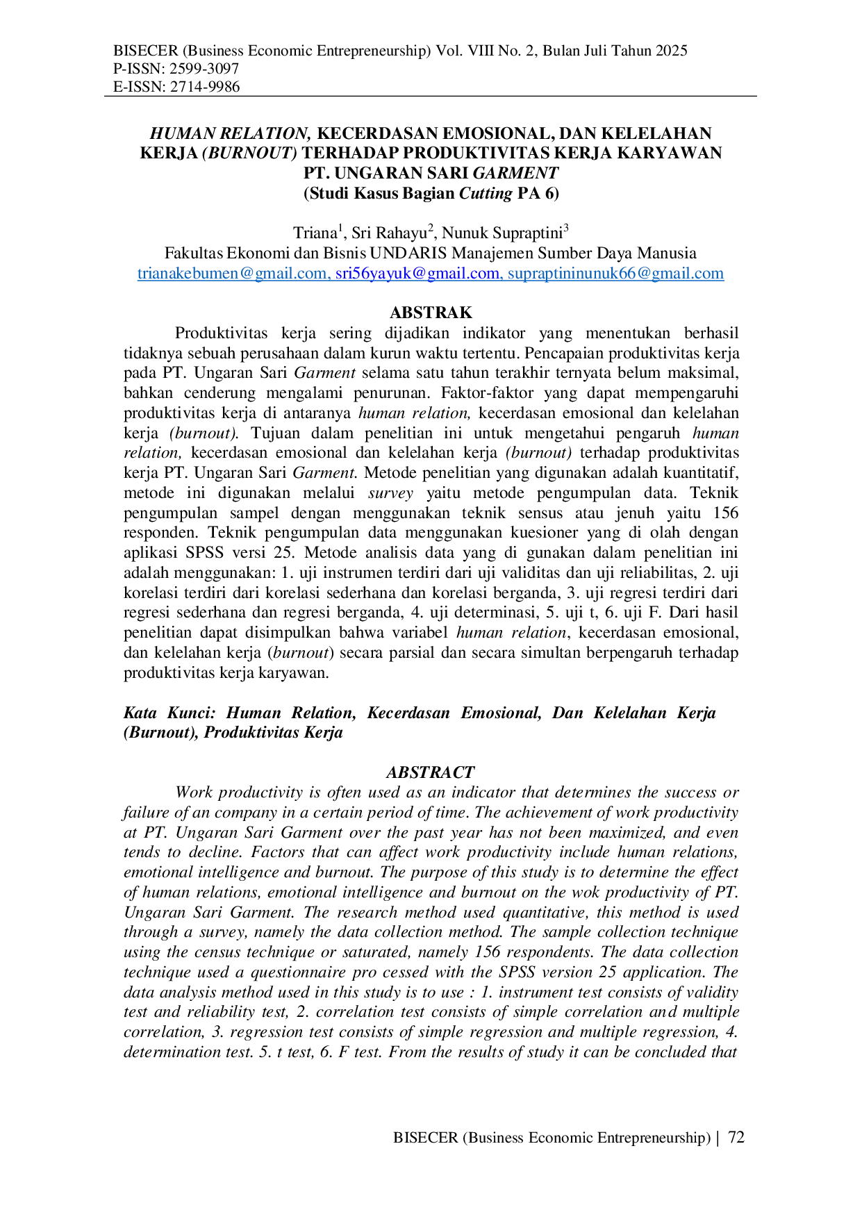 JURIS HUMAN RELATION KECERDASAN EMOSIONAL DAN KELELAHAN KERJA BURNOUT TERHADAP PRODUKTIVITAS KERJA KARYAWAN PT UNGARAN SARI GARMENT Studi Kasus Bagian Cutting PA 6