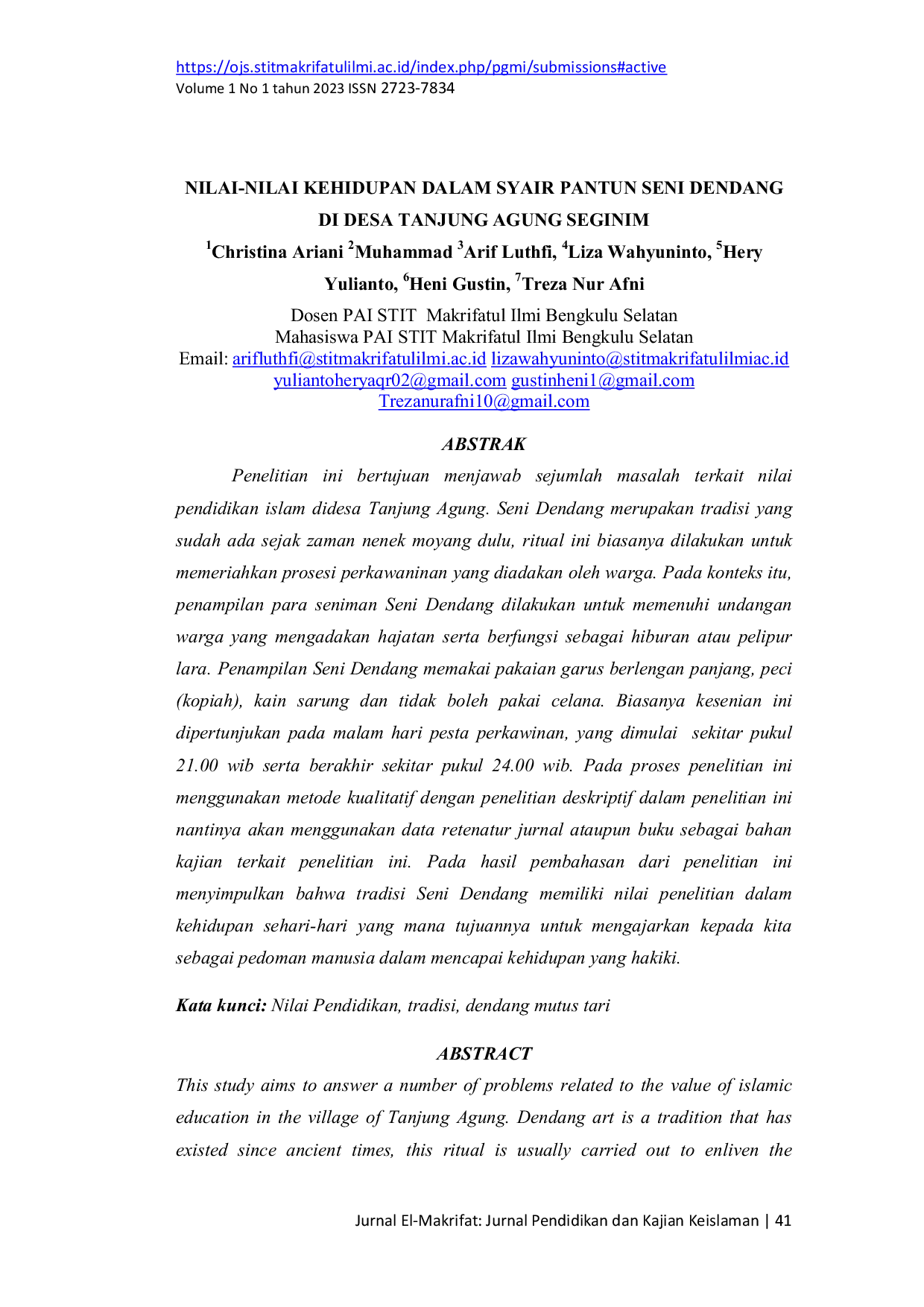 JURIS Nilai nilai Kehidupan Dalam Syair Pantun Seni Dendang di Desa Tanjung Agung Seginim