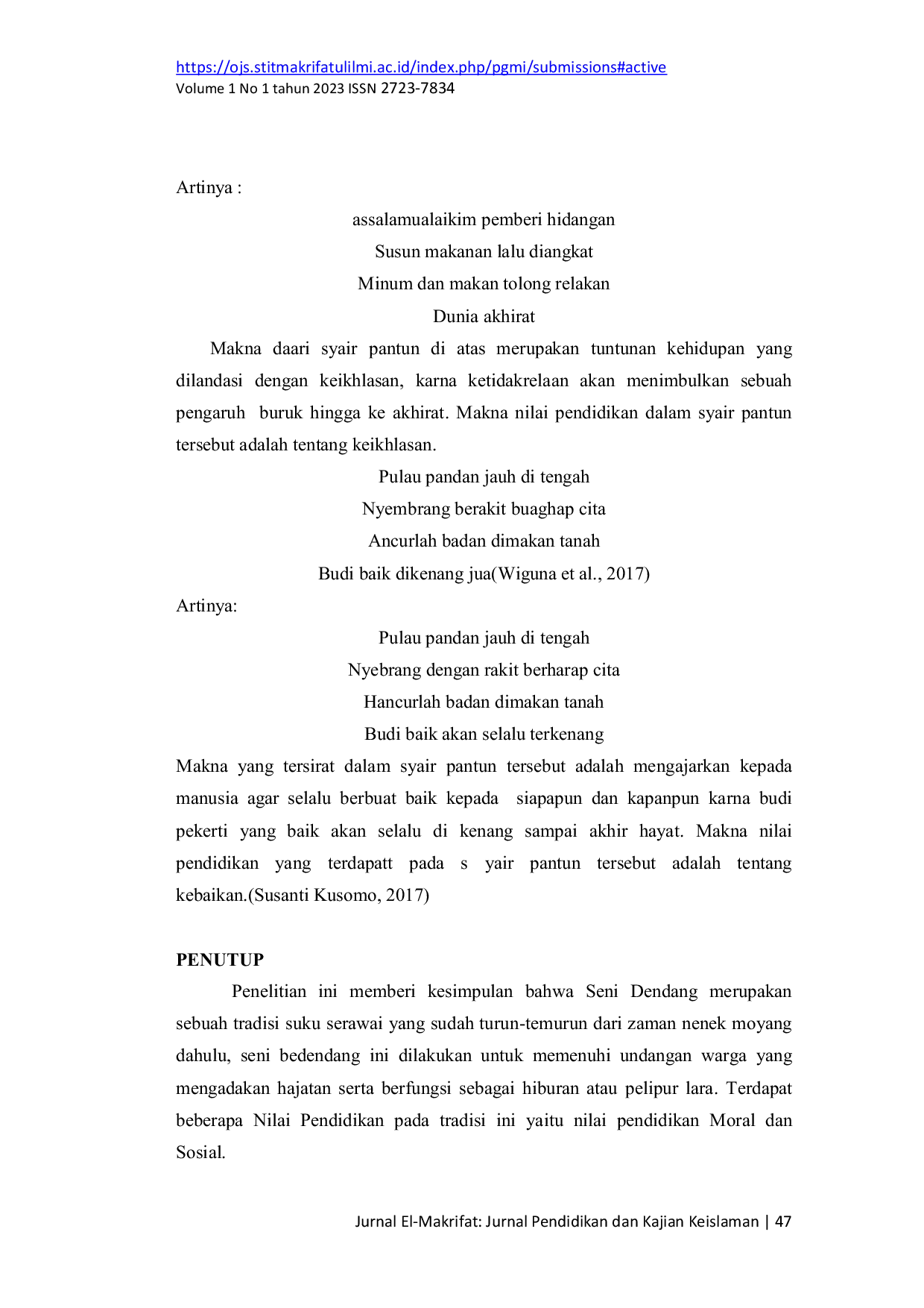 JURIS Nilai nilai Kehidupan Dalam Syair Pantun Seni Dendang di Desa Tanjung Agung Seginim