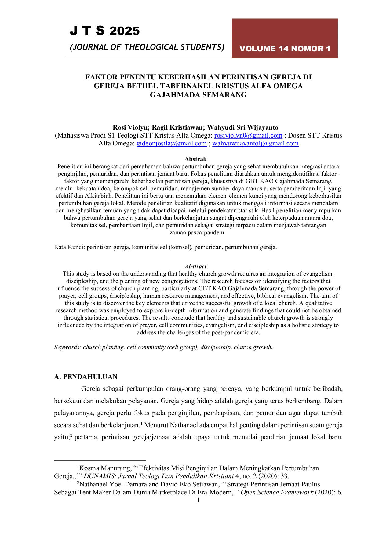 JURIS Faktor Penentu Keberhasilan Perintisan Gereja Di Gereja Betel Tabernakel Kristus Alfa Omega Gajahmada Semarang