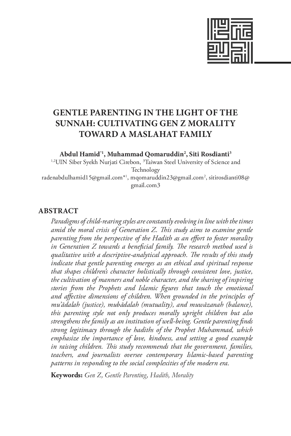 JURIS Gentle Parenting in The Light of The Sunnah Cultivating Gen Z Morality Toward a Maslahat Family