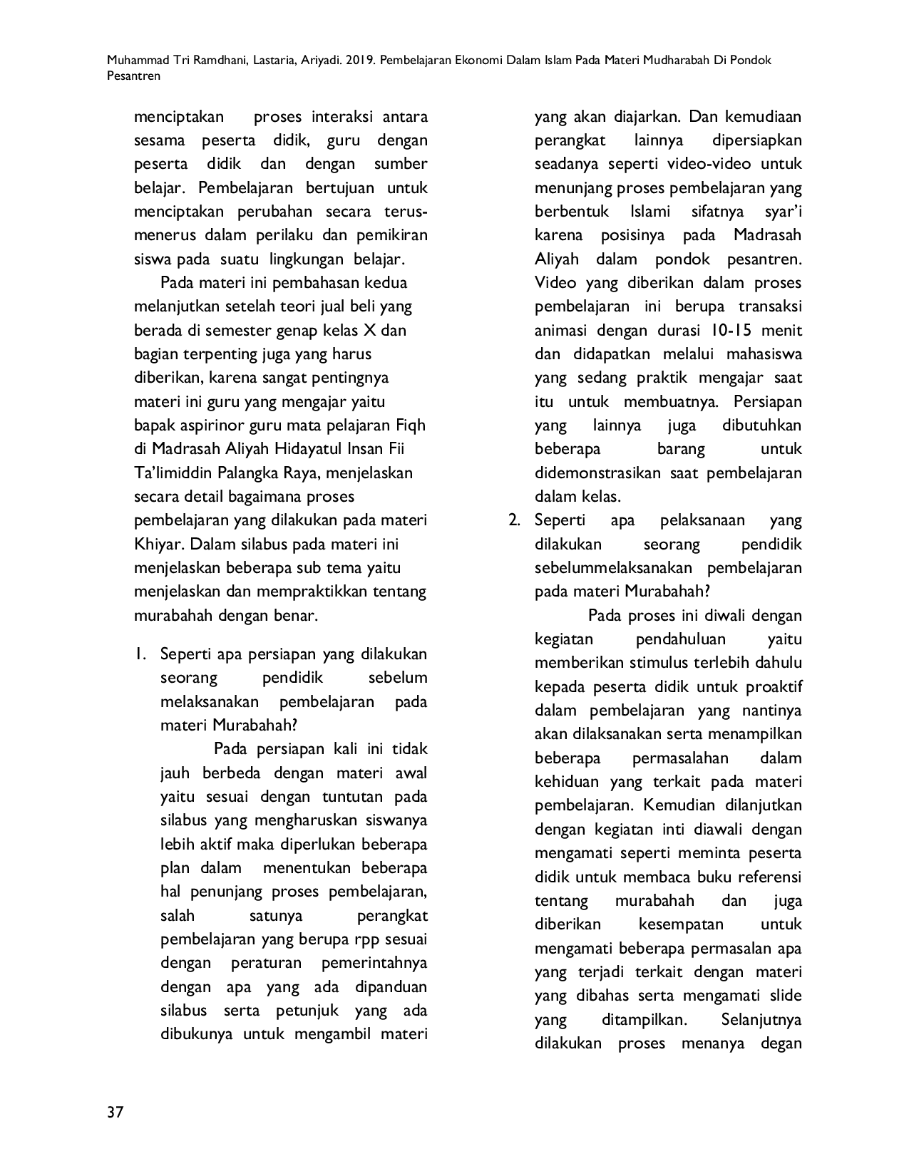 JURIS Pembelajaran Ekonomi dalam Islam pada Materi Mudharabah di Pondok Pesantren